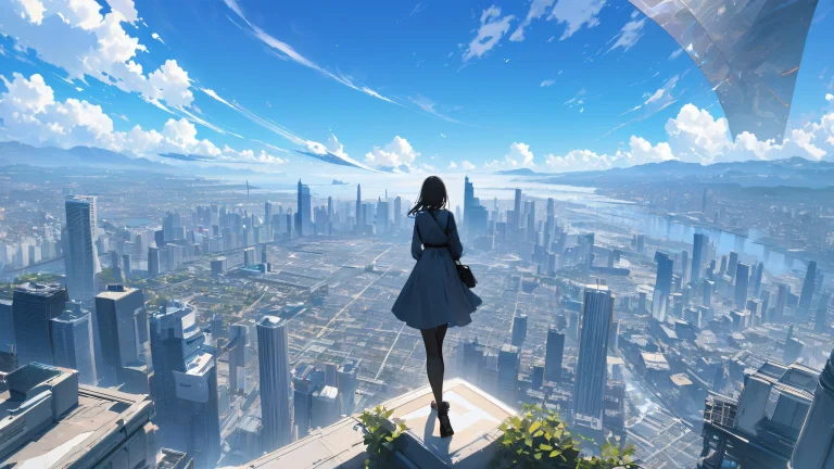 A stunning anime-inspired cityscape at sunrise with a blue and grey color palette.