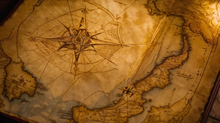 Intricate treasure map folds with leather-bound edges and golden filigree against a subtle grid of aged parchment fibers, set amidst ethereal blue mist and creamy bokeh.