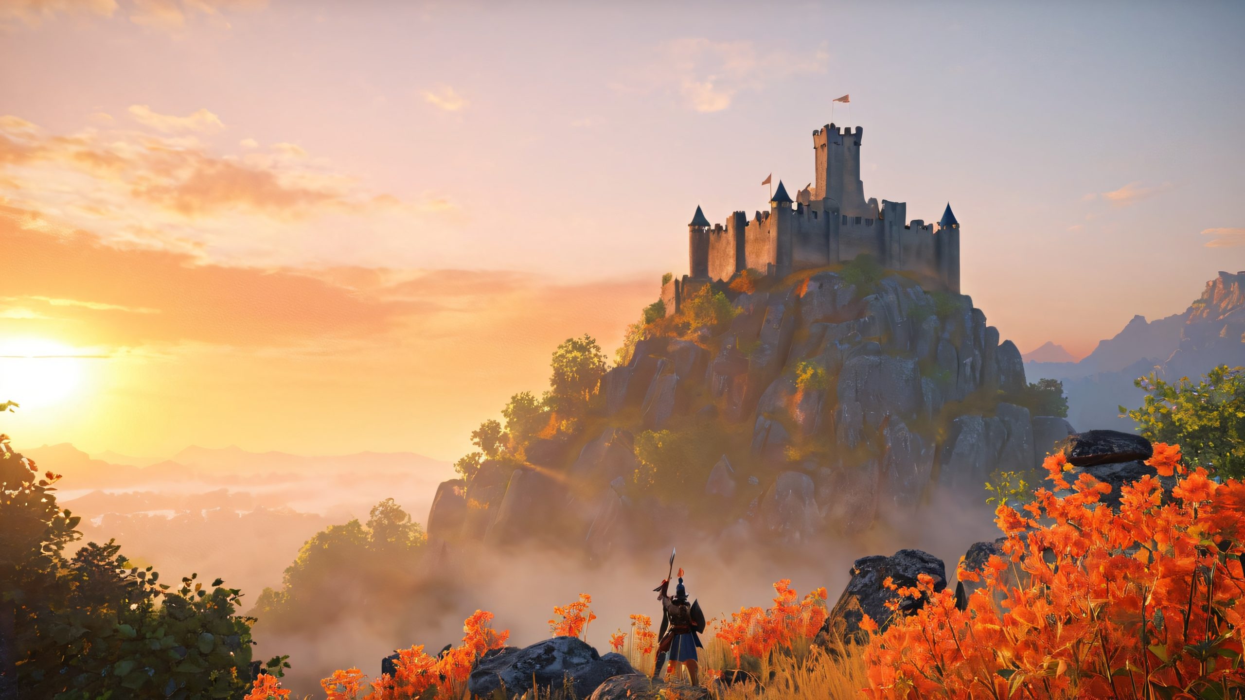 Triumphant Warrior at Sunset 4K UHD Widescreen A victorious warrior stands atop a ruined castle wall on a desktop or PC, with the sun setting behind them and casting long shadows across the cracked stone.