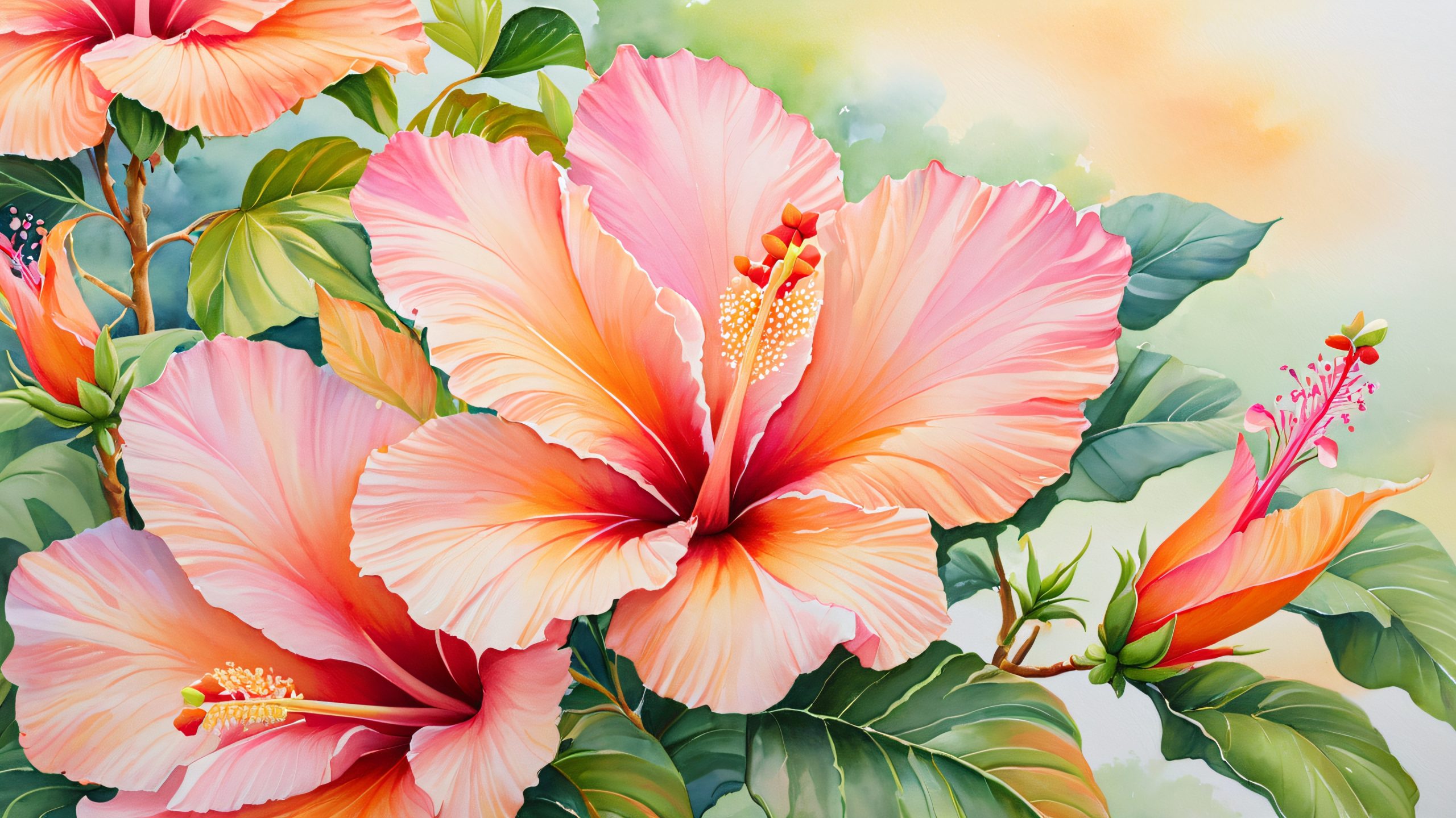 4K Tropical Hibiscus Oasis Wallpaper for PC/Mac A serene tropical paradise with a coconut tree and colorful flowers for desktop/pc use.