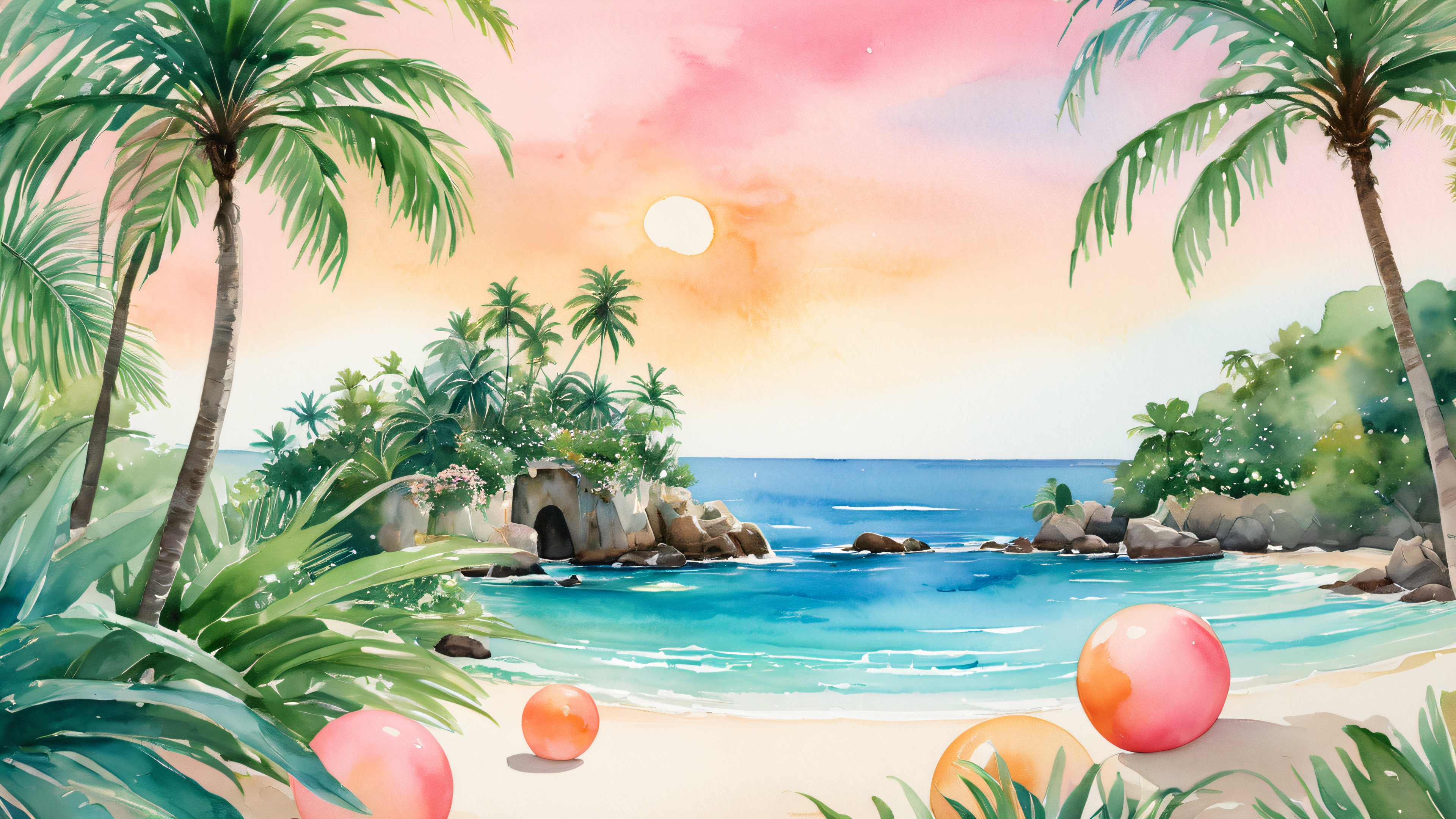 A serene tropical island with ancient ruins, lush vegetation, and a lone figure amidst beach balls and inflatables
