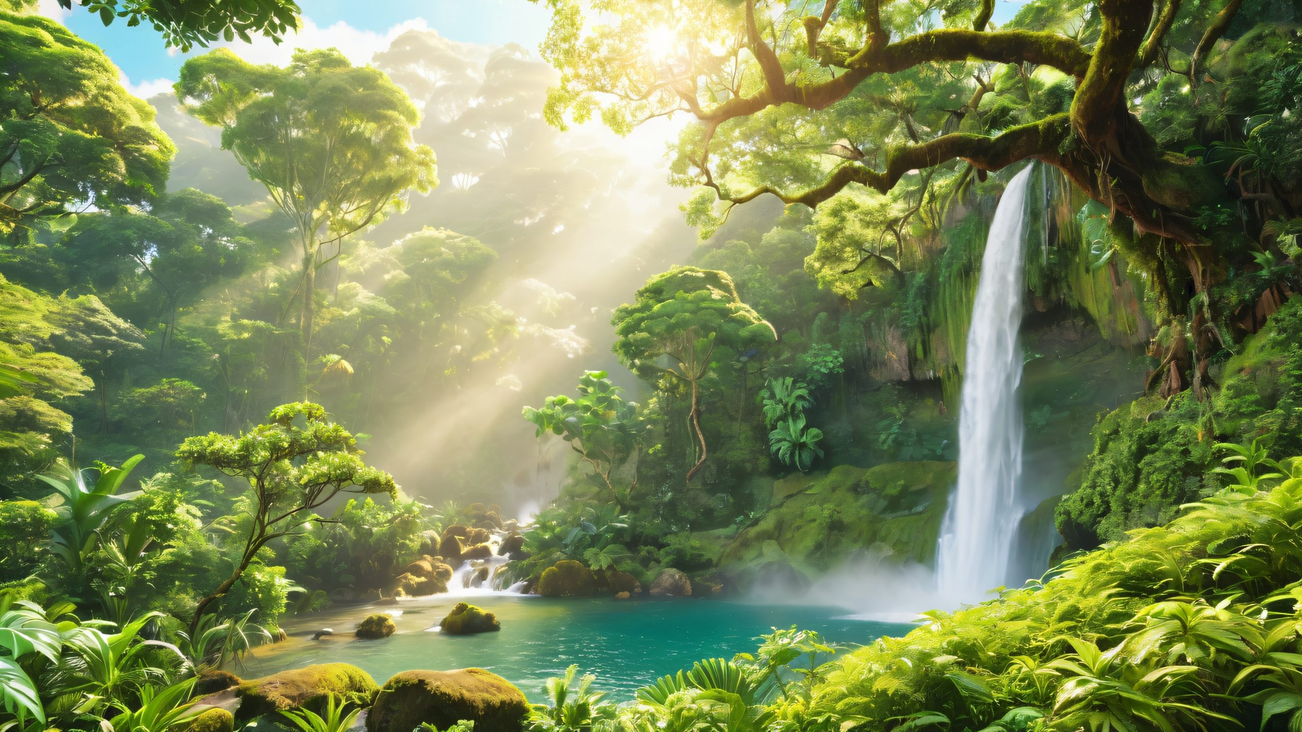 Breathtaking tropical waterfall desktop background featuring lush vegetation and misty veil, suitable for PC or desktop