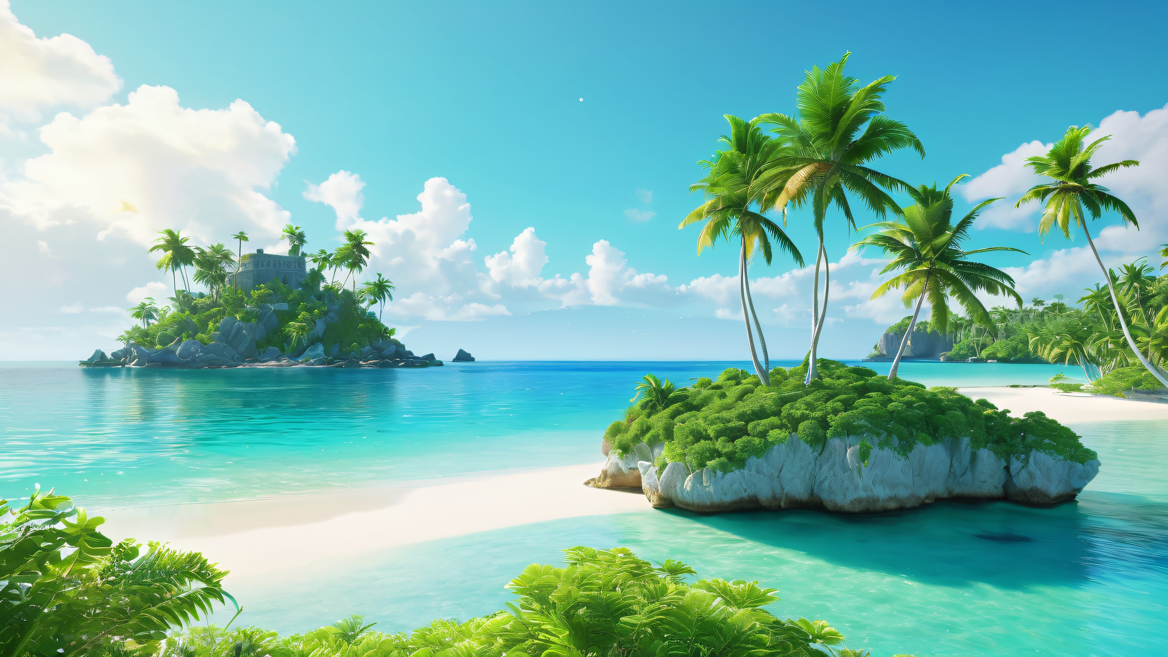 A serene tropical island paradise with ancient ruins, crystal-clear waters, and towering palm trees.