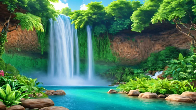 Indoor waterfall with lush greenery and soft lighting