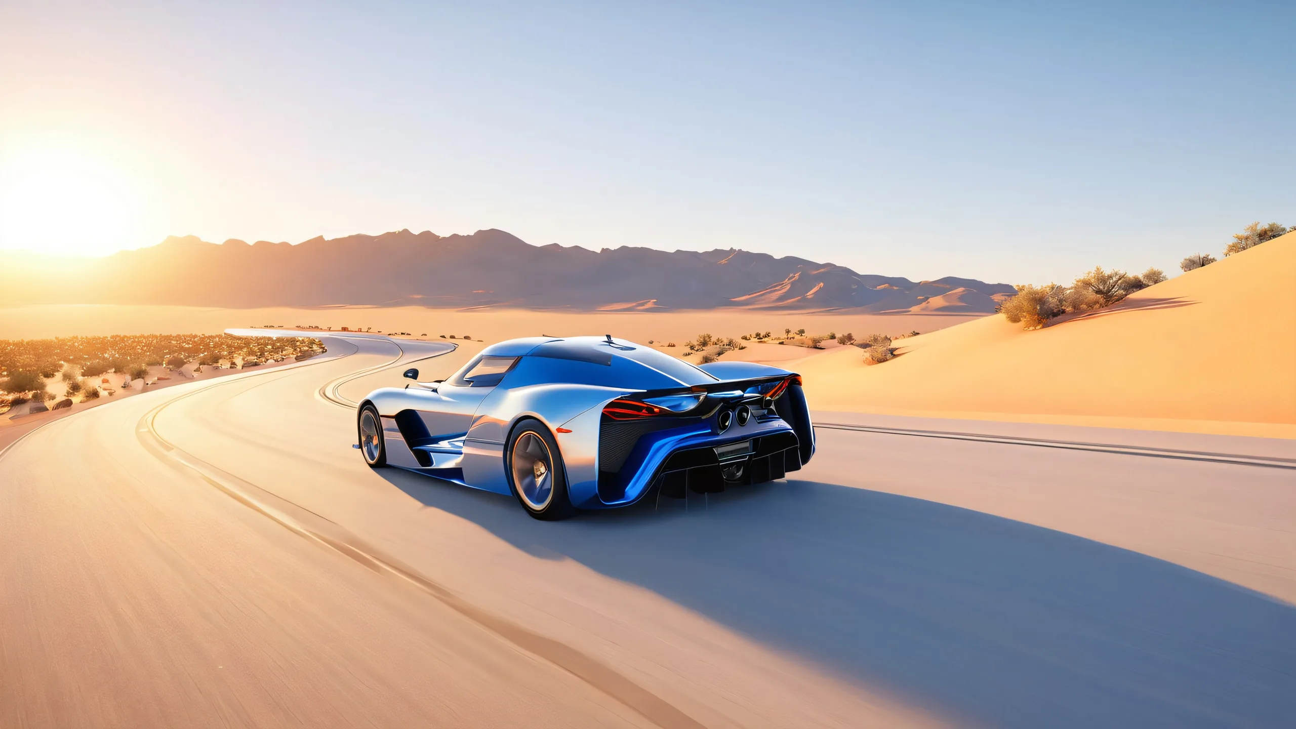Turbocharged Desert Sprint 4K UHD Wallpaper A sleek sports car frozen in motion on a desert highway at dusk, with sandy dunes and setting sun. Desktop/PC wallpaper.