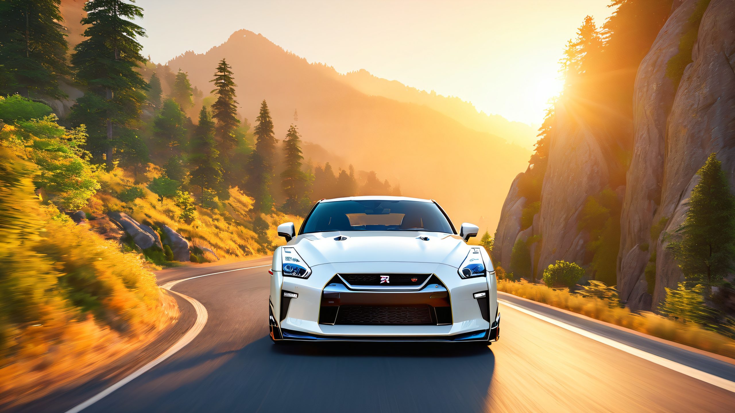 A majestic white GT-R drifts on a sun-kissed mountain road, surrounded by greenery and a golden sunrise. Suitable for Desktop/PC.