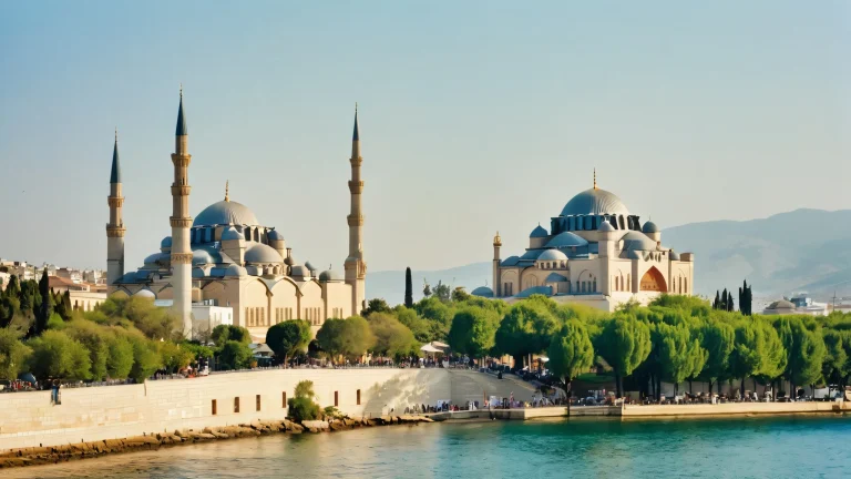 A serene and peaceful Turkish coastal city desktop wallpaper featuring a mosque, minaret, and Roman ruins surrounded by winding streets and olive trees.