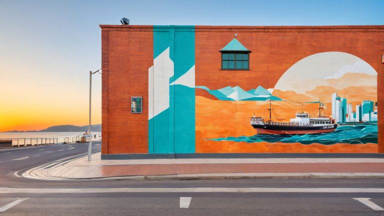 turkish ferry mural on brick red wall 4k wallpaper scaled