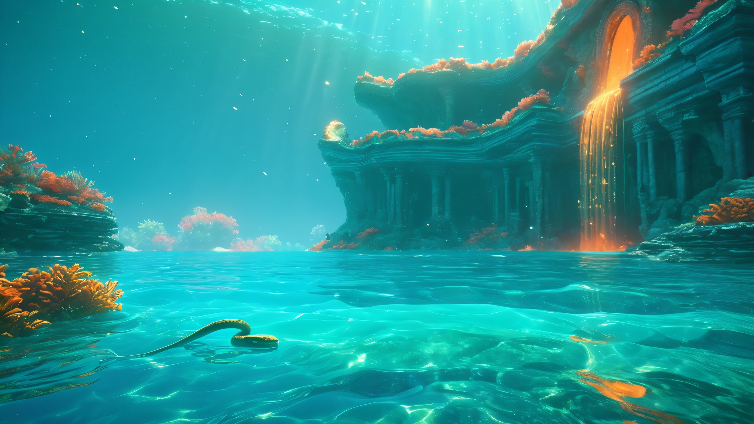 Breathtaking 4K desktop wallpaper of a turquoise pool slide disappearing into the jaws of a mystical underwater monster, complete with glowing sea creatures and ancient ruins, suitable for desktop/pc