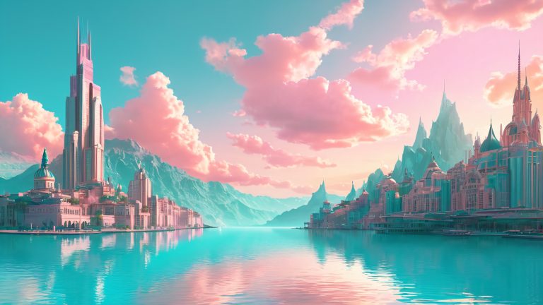 turquoise metropolis wallpaper sunset cityscape scaled