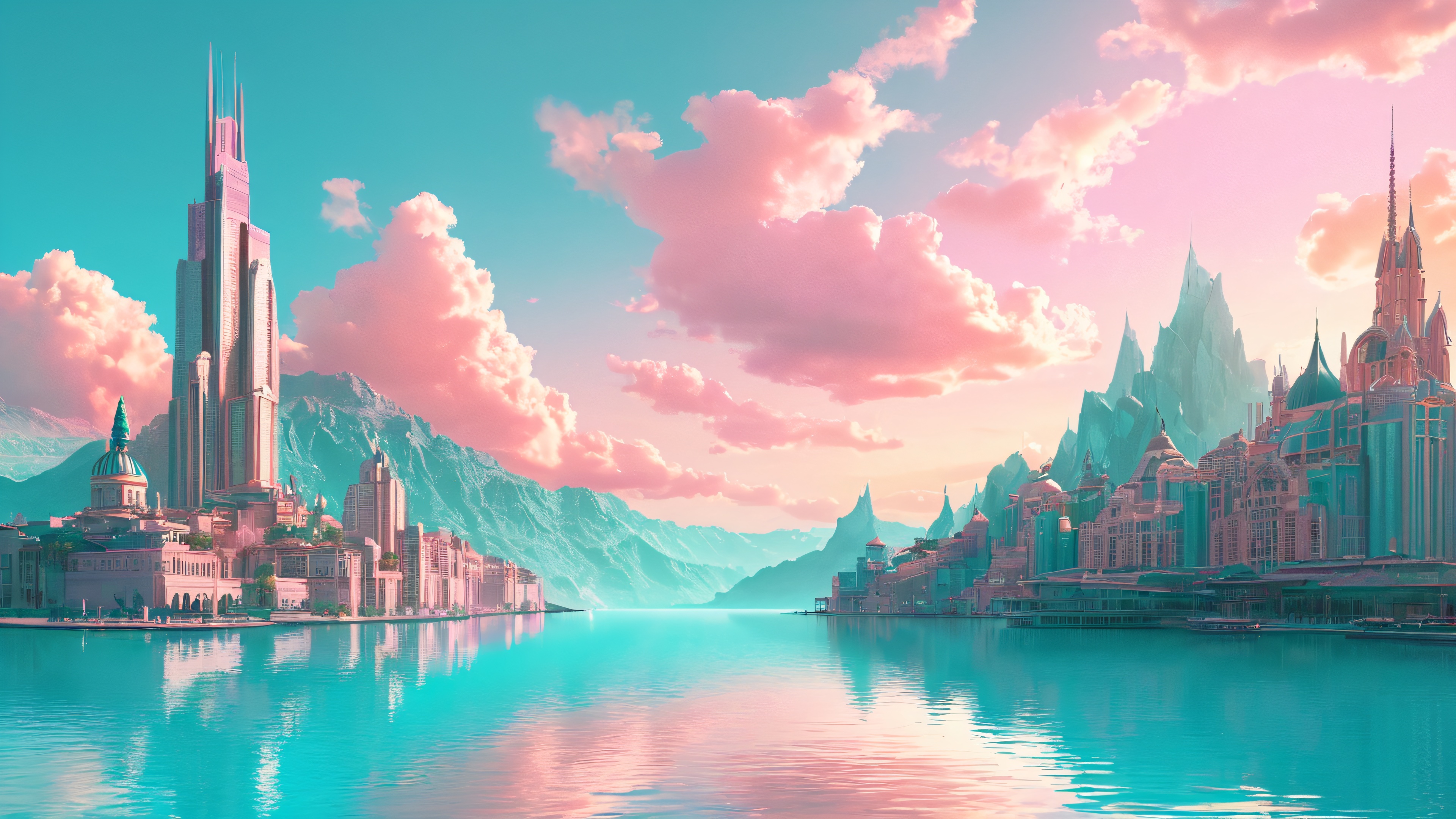 A surreal metropolis suspended above turquoise water, with soft pink hues and wispy clouds, set against a warm golden hour background.