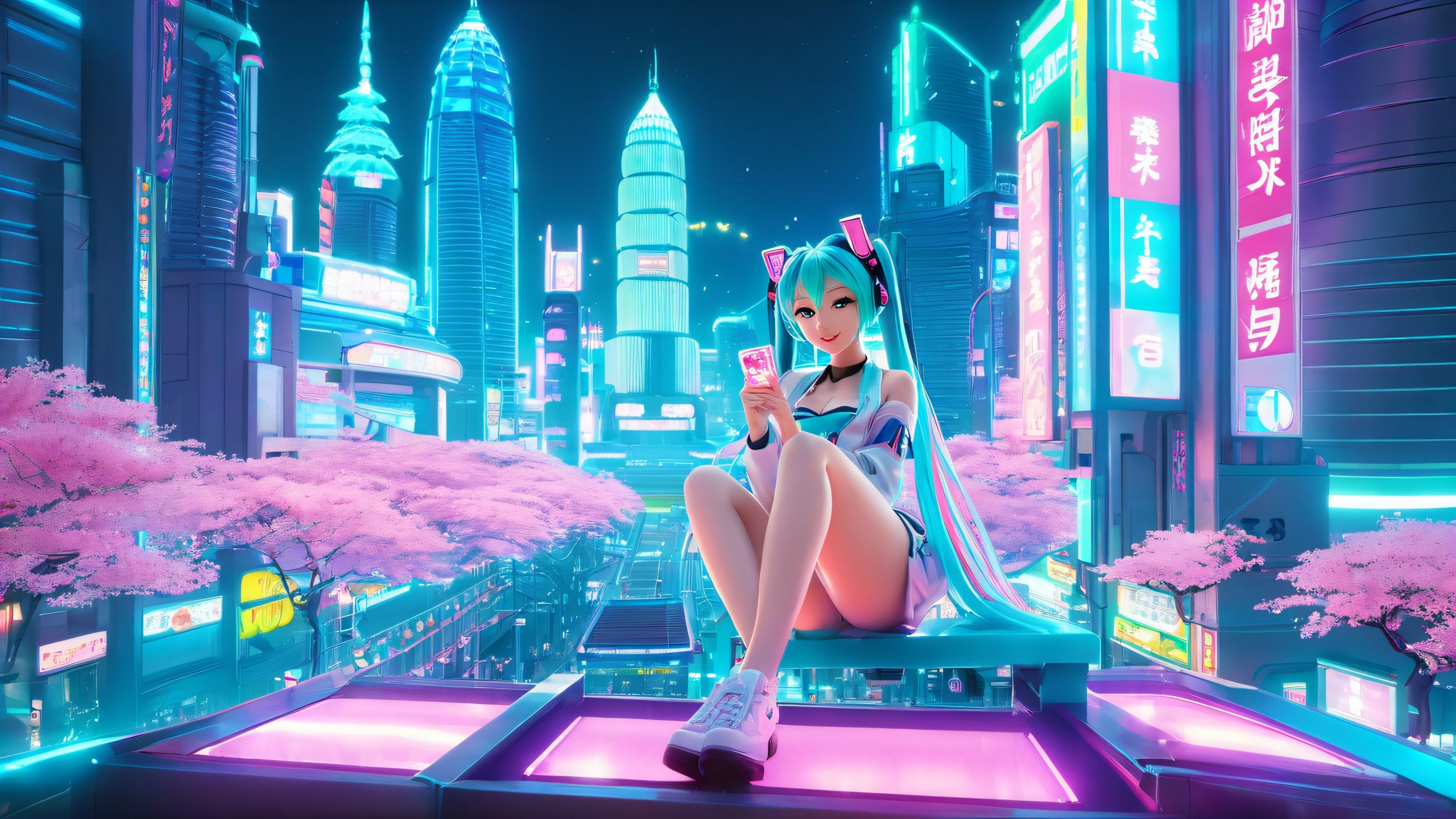 A youthful Hatsune Miku sitting on a platform amidst a misty neon-lit cityscape, holding the rare Sakura Miku booster card, suitable for desktop/PC use.