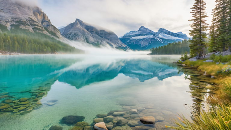 turquoise morning serenity lake minnewanka rocky mountains scaled