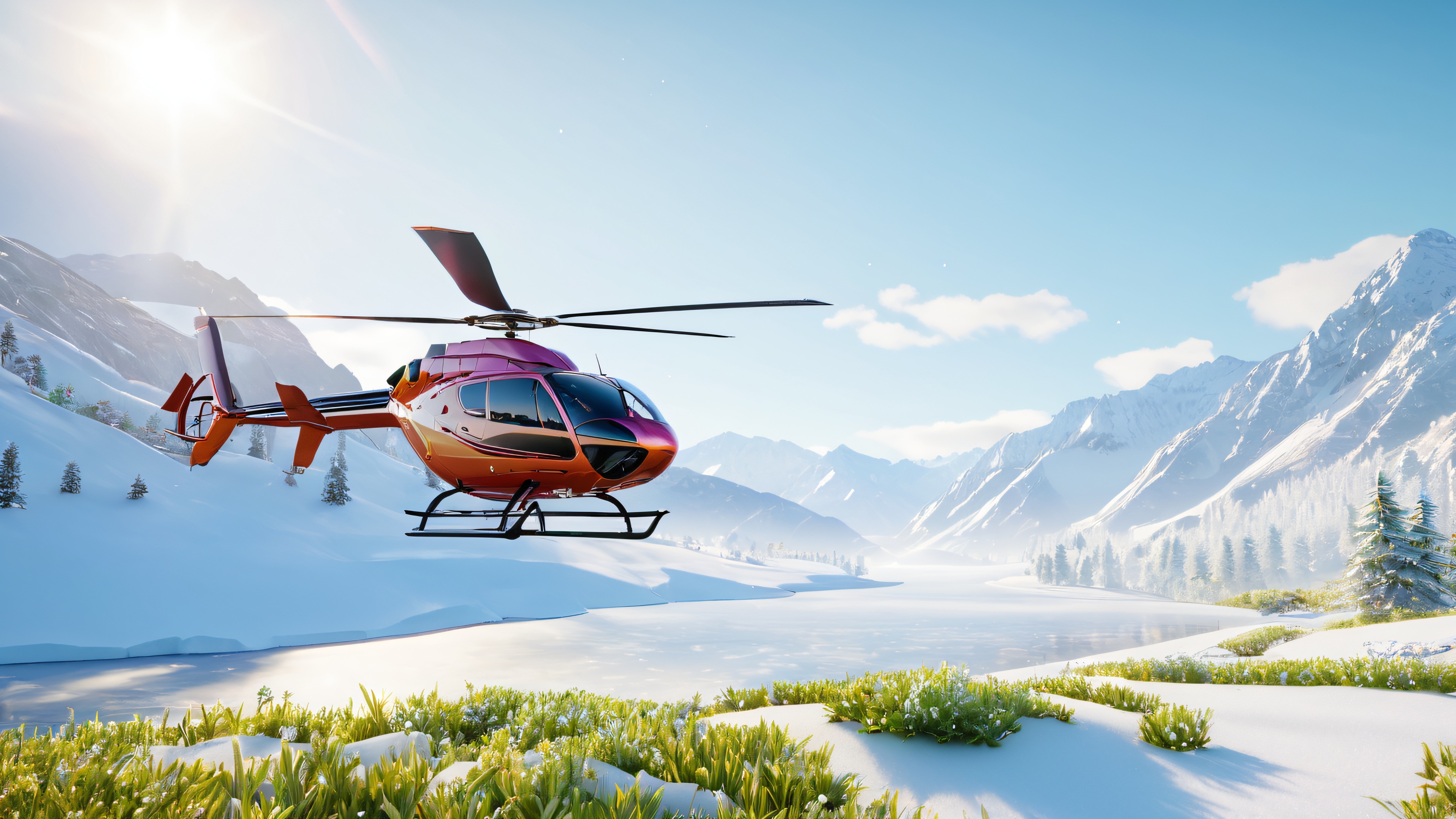 Twice Airbus Helicopters H135 in mid-air, with snow-capped mountains and lush greenery in the distance, surrounded by frozen air crystals and snowflakes.