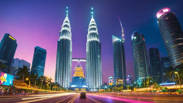 A stunning desktop wallpaper of the Petronas Twin Towers in Kuala Lumpur at dusk, with vibrant city lights and bustling streets.