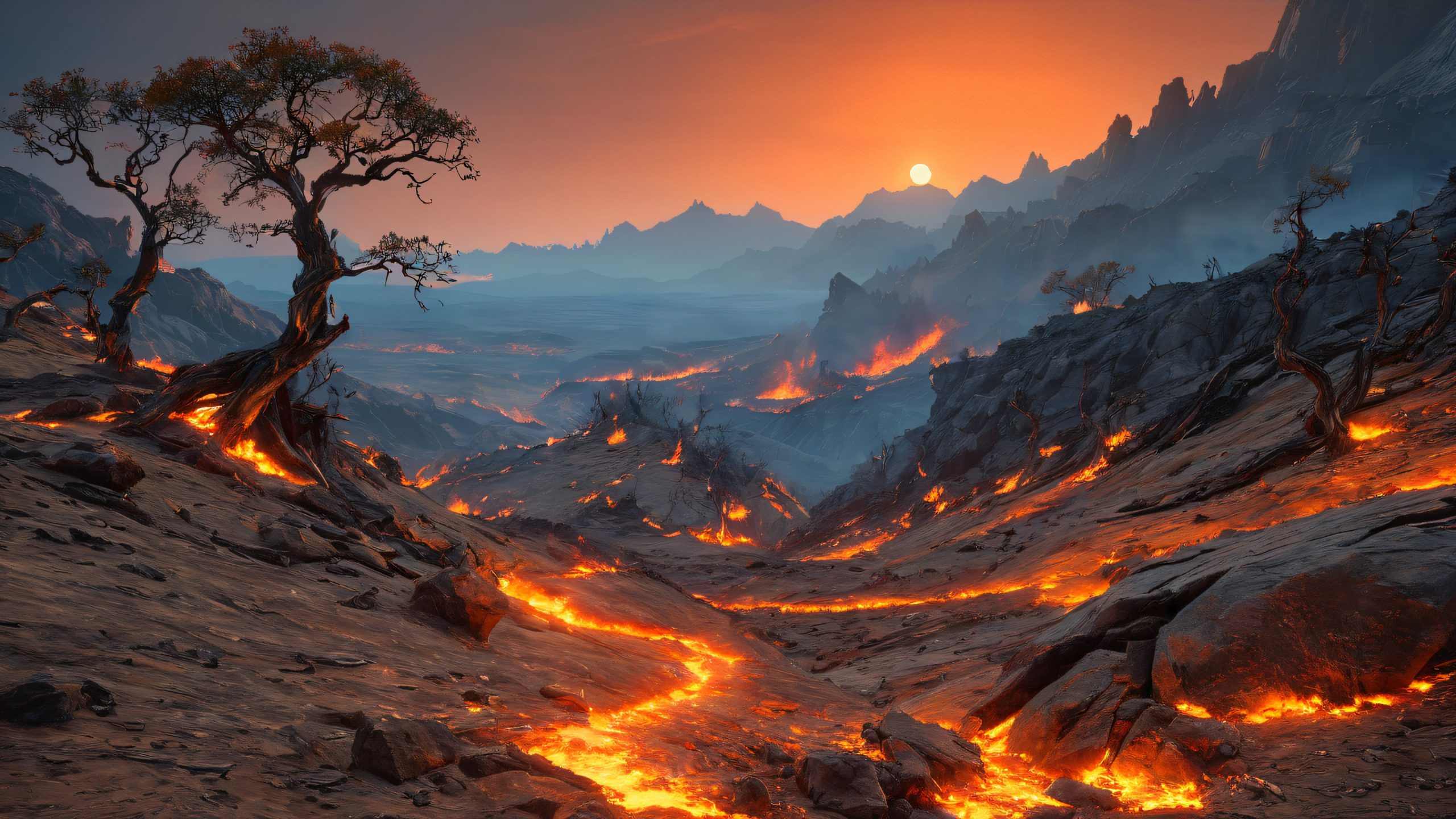 Twilight Torment Hill Aesthetic PC Wallpaper A desolate hillside landscape with eternal fires, tormented souls, and darkened terrain for desktop/pc use.