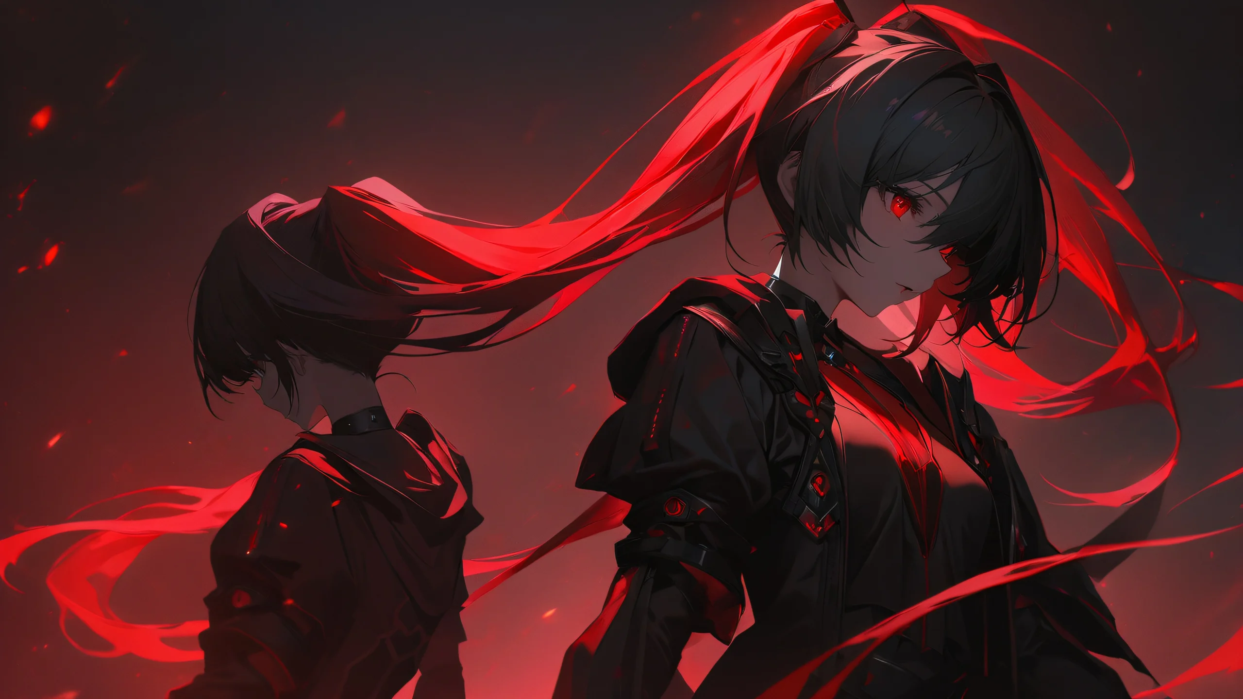 Aesthetic Twintailed Heroines Noir Background Two anime girls in dark atmosphere with twintails and black gloves.