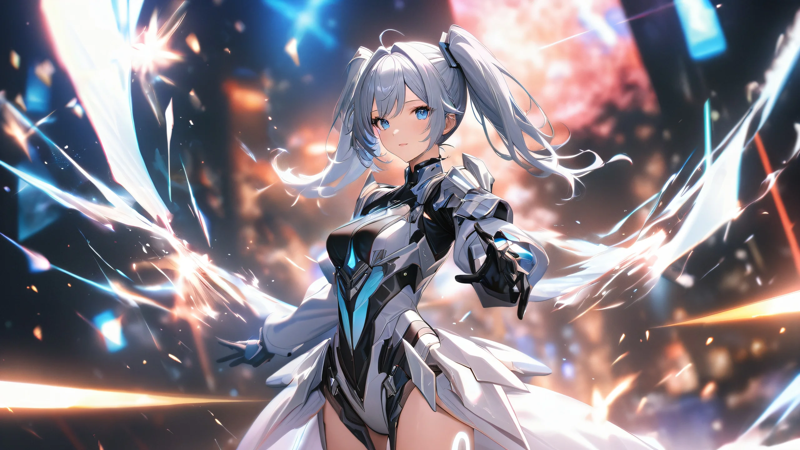 Epic Twintails Cosmic Glow 4K Desktop Wallpaper Anime twintails surrounded by volumetric particles and s1lv4n4_0c light effects against a blurred background.