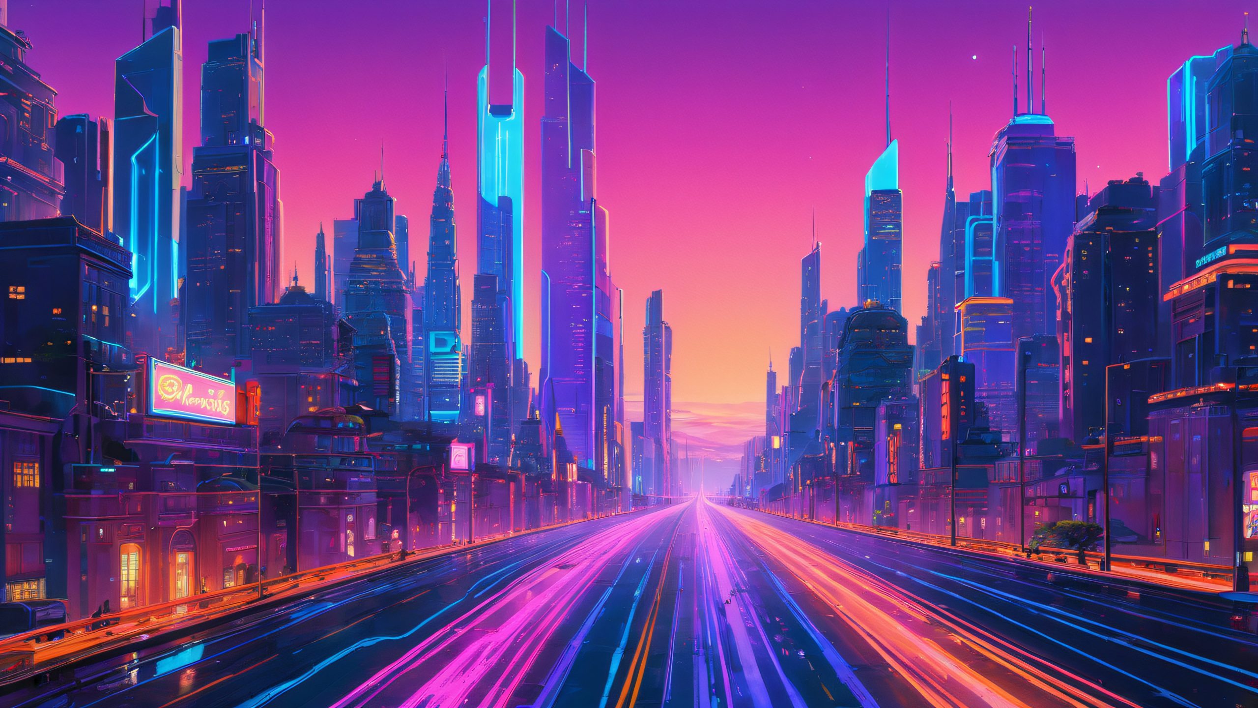 Epic Twisted Metropolis Dreamscape 4K Desktop Wallpaper A surreal desktop image of a cityscape, with twisted skyscrapers and neon lights. Suitable for PC/ Desktop use.