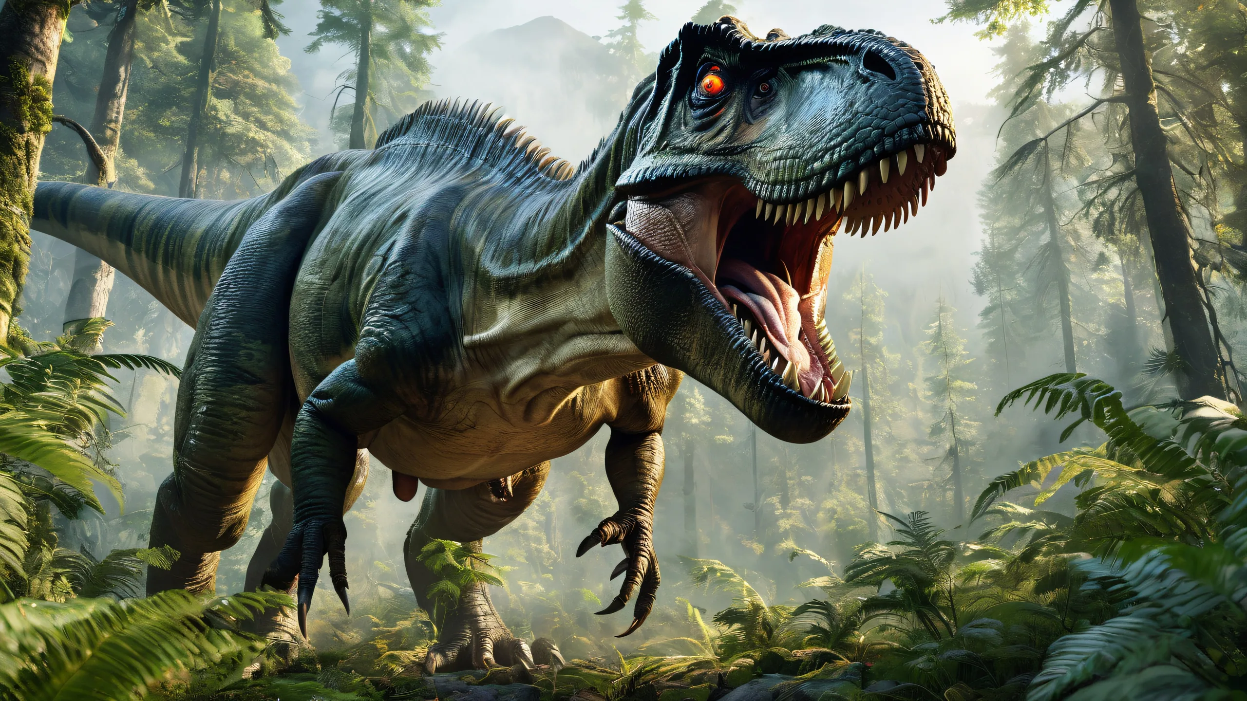 A Tyrannosaurus rex in a dark forest at night, with glowing eyes for a desktop or PC.