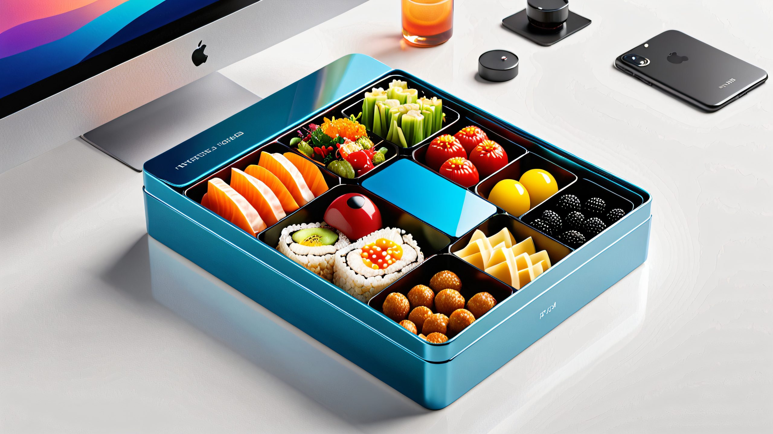 A hyper-realistic 4K desktop wallpaper featuring a meticulously arranged bento box filled with colorful, intricately designed UI elements and a sleek, modern background.