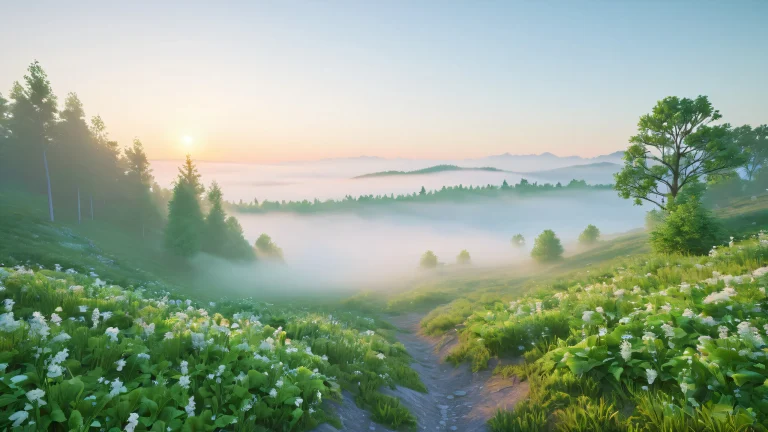 A serene fantasy landscape featuring surreal shapes and misty morning fog at dawn.