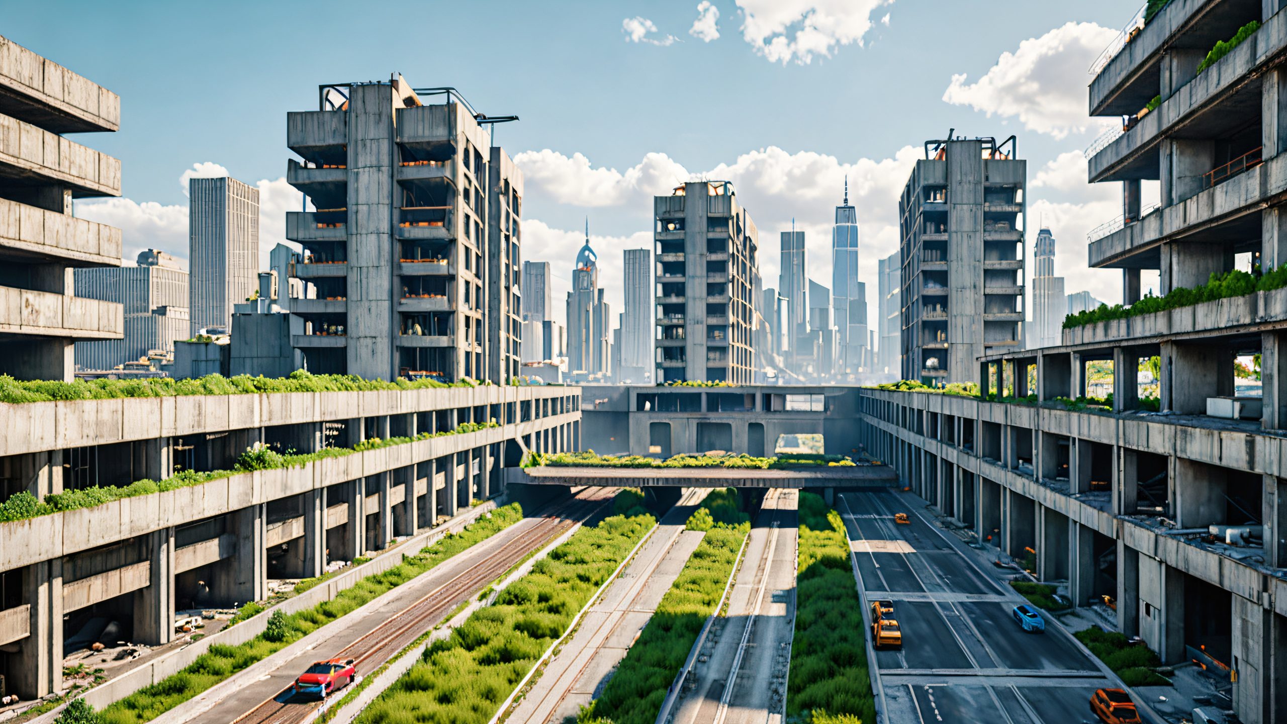 Futuristic cityscape with industrial architecture and gritty atmosphere