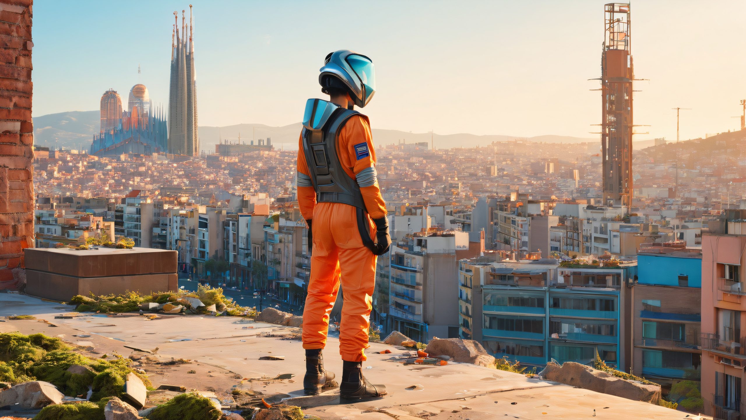 Young person standing at the edge of a Barcelona cityscape, looking out at the sprawling buildings and streets, with a sense of frustration and desperation