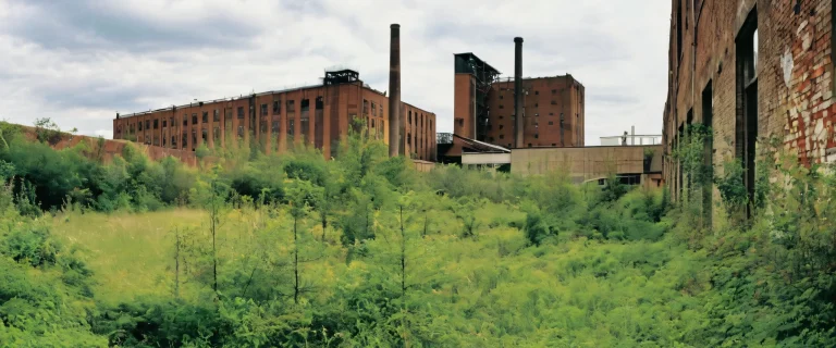 Abandoned industrial complex with crumbling walls and rusty machinery for desktop/pc use