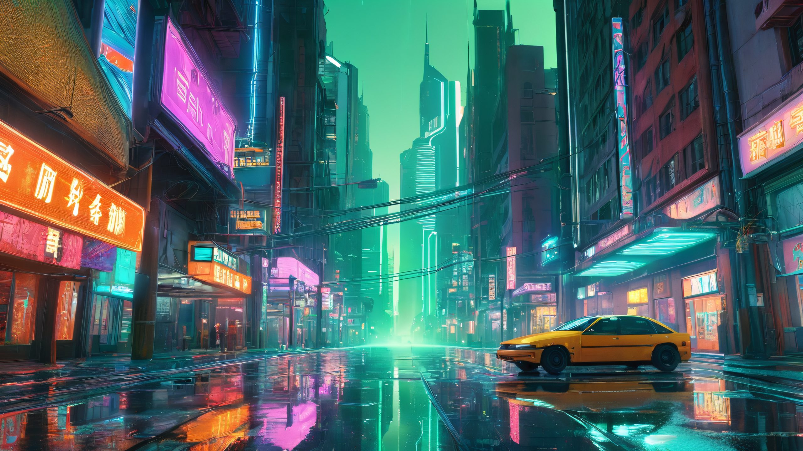 A futuristic cityscape with neon lights reflected on wet pavement for your Desktop/PC.