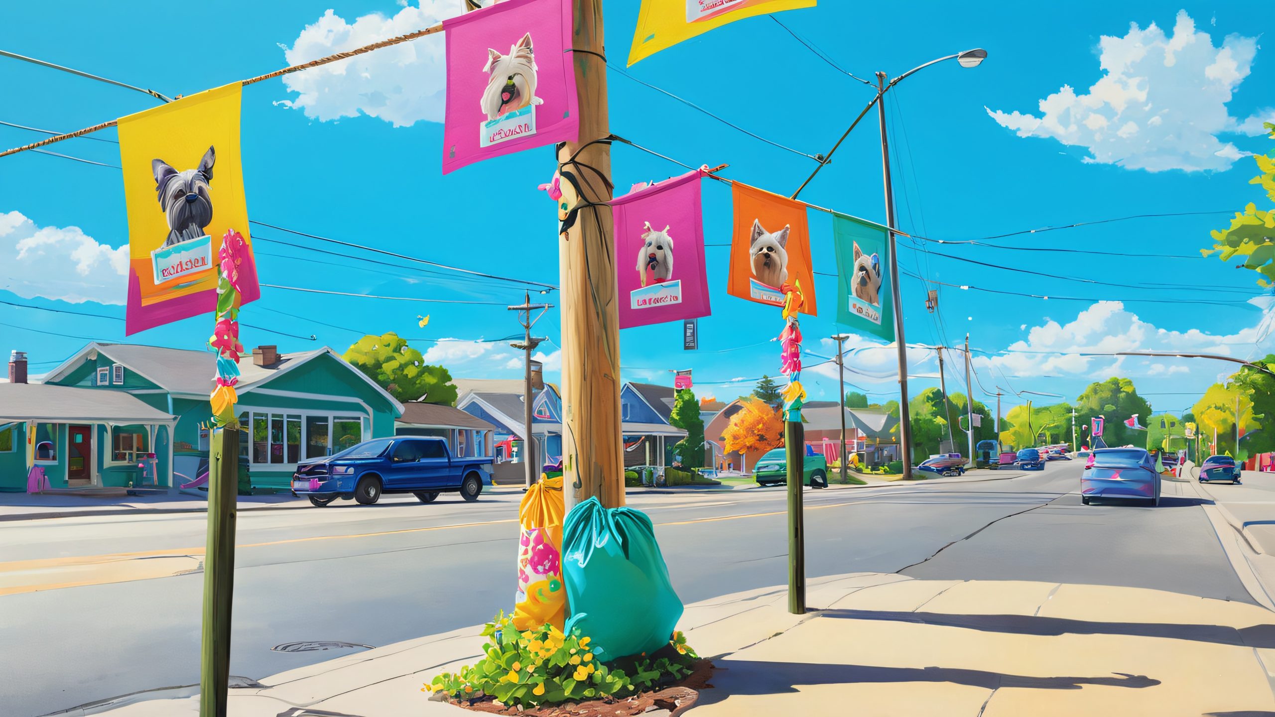 A whimsical illustration of a wooden utility pole adorned with colorful dog waste bags and playful dog silhouettes, set against a sunny urban backdrop for desktop/pc use.
