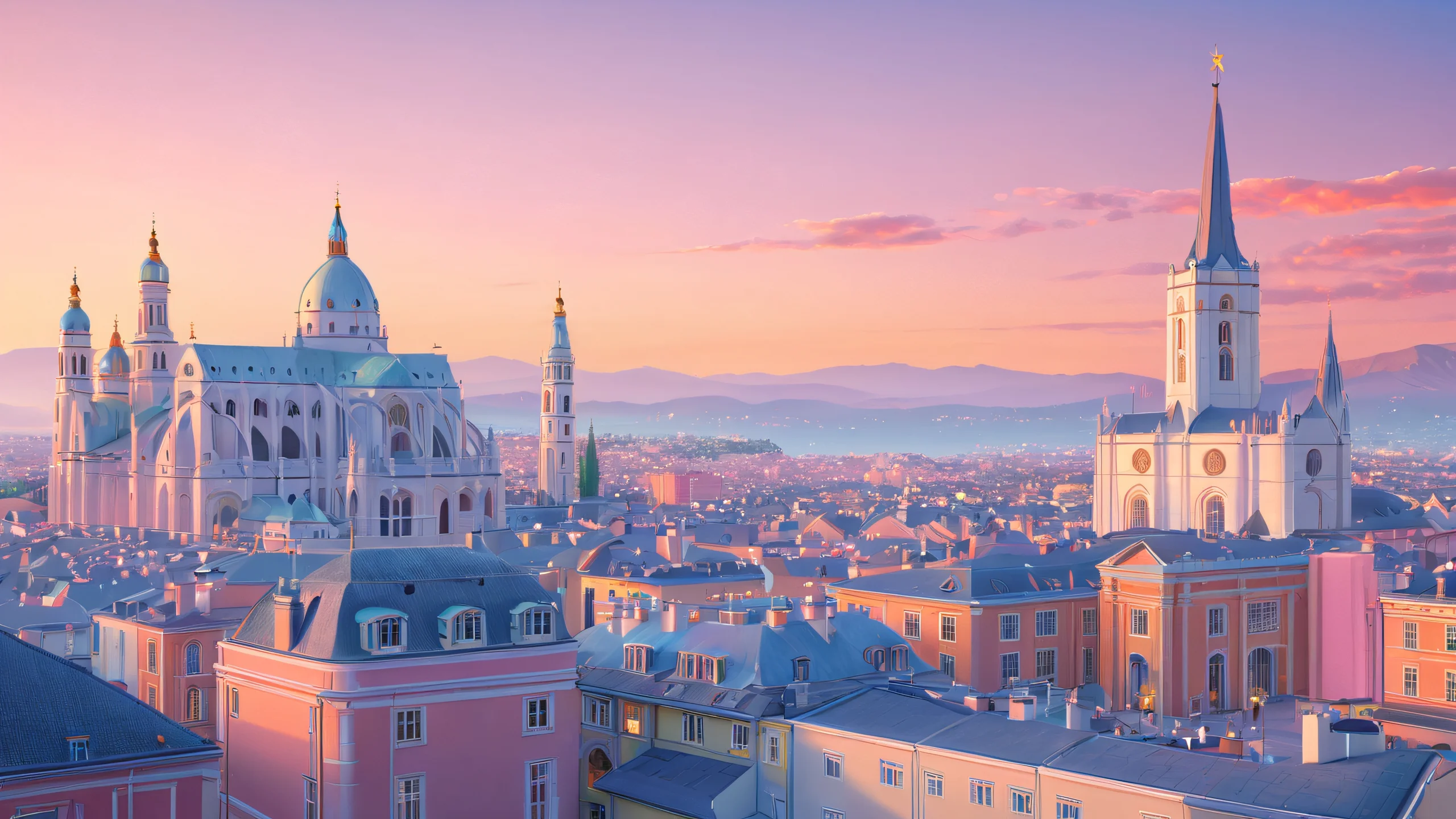 A surreal urban landscape with warm, muted colors and soft ambient lighting.