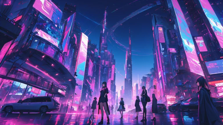 A low-contrast illustration of urban girls in purple and black hues.