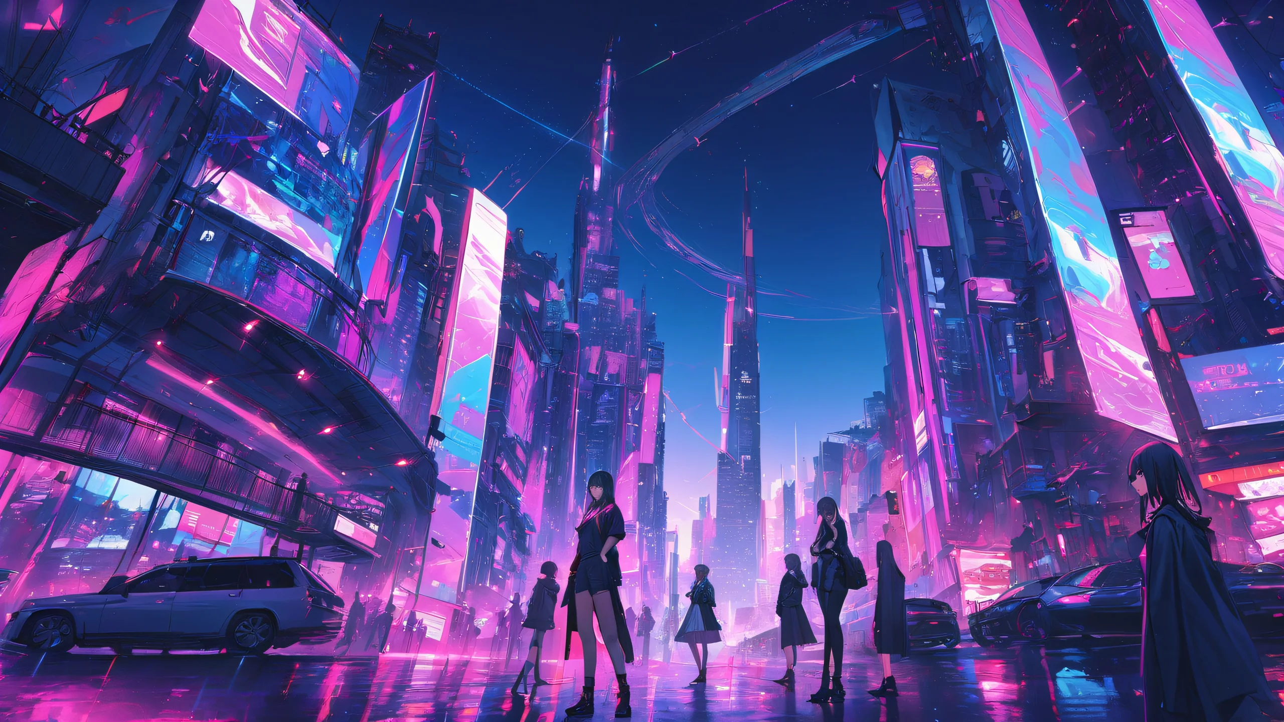 A low-contrast illustration of urban girls in purple and black hues.