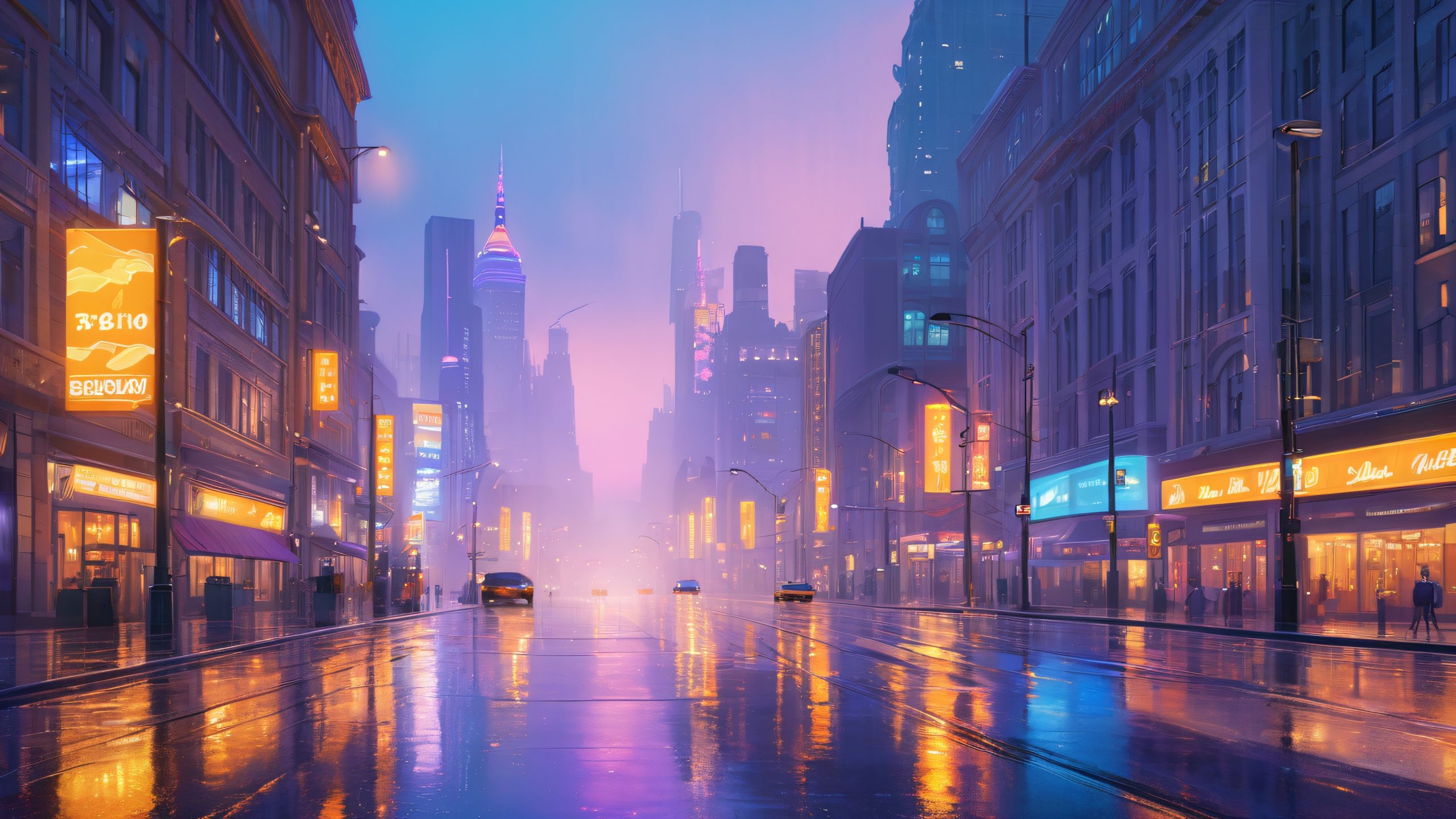 A cityscape at dusk with towering skyscrapers, bustling streets, and neon signs on a wet pavement, suitable for desktop/pc