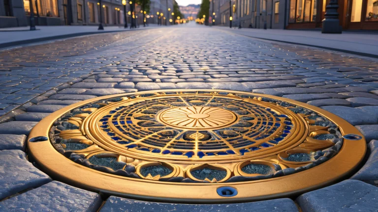 A whimsical desktop wallpaper featuring a mesmerizing dance sequence on a manhole cover set against the dimly lit streets of Oslo at dusk, Perfekt für Ihren PC oder Desktop.