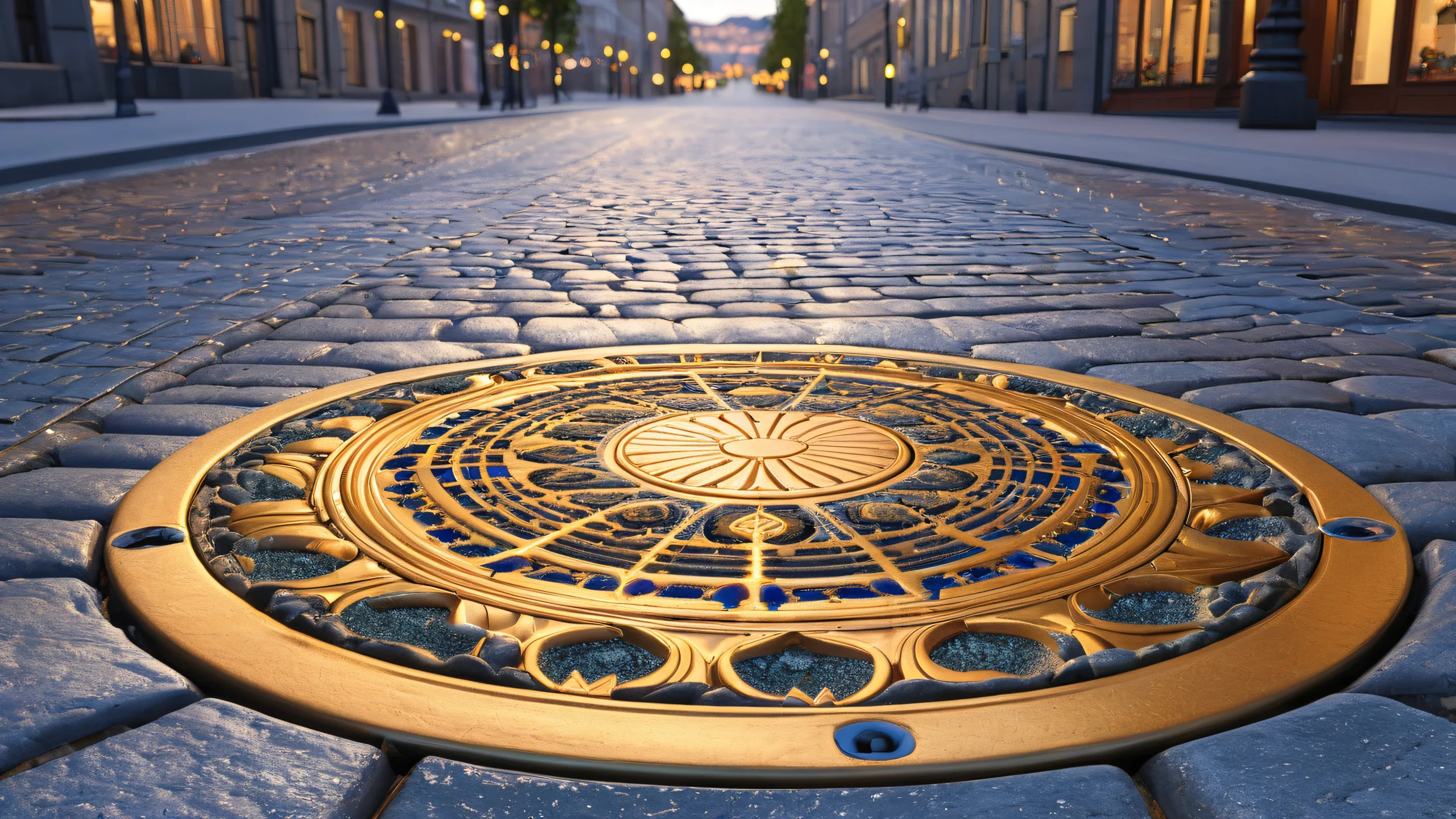 Stunning Urban Oasis Dusk Dance 4K WallpaperPCやデスクトップに最適 A whimsical desktop wallpaper featuring a mesmerizing dance sequence on a manhole cover set against the dimly lit streets of Oslo at dusk, perfect for your PC or Desktop.