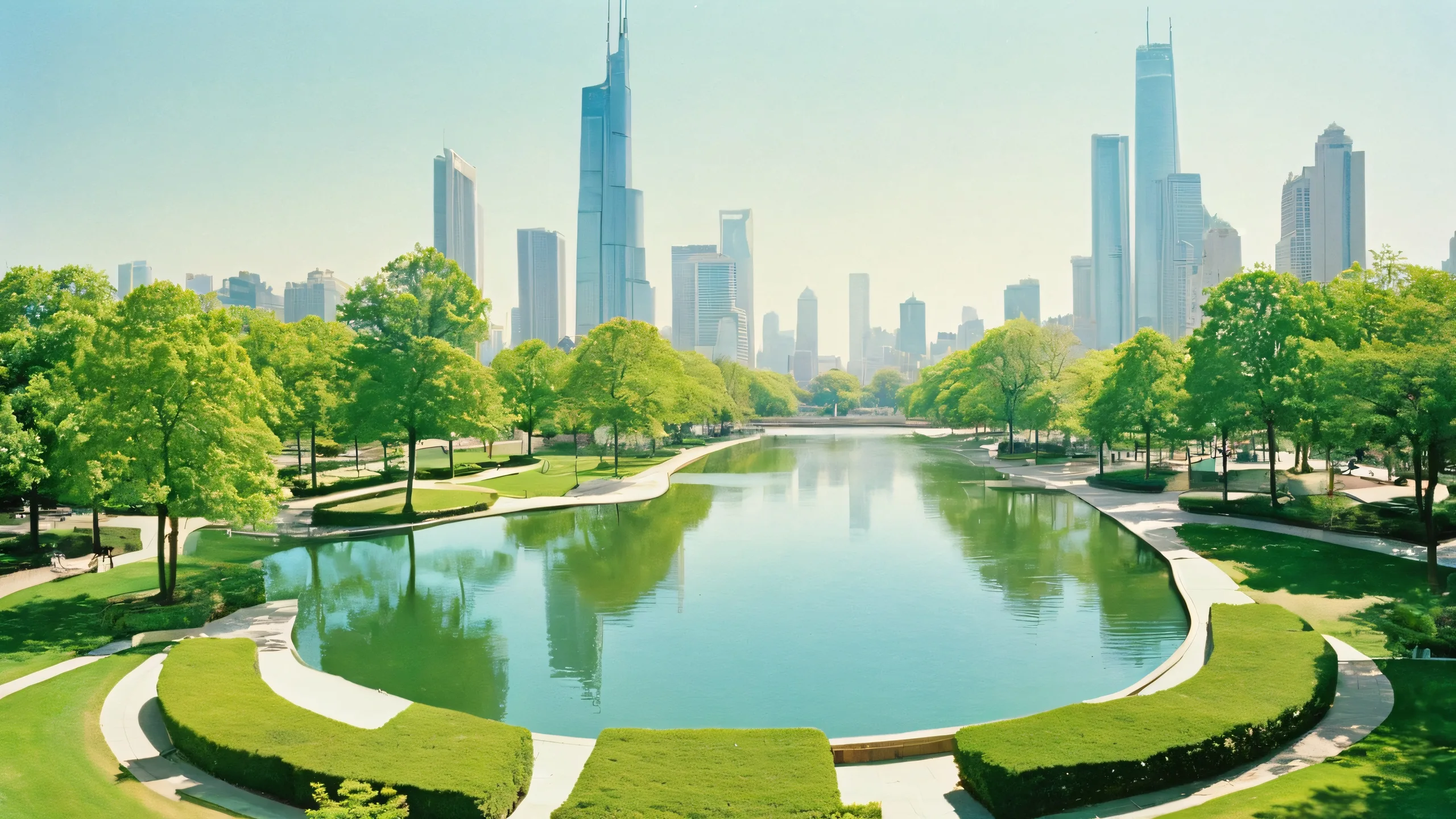 Beautiful urban park desktop wallpaper for PC and Desktop with lush greenery, water features, walking trails, seating areas and relaxing atmosphere.