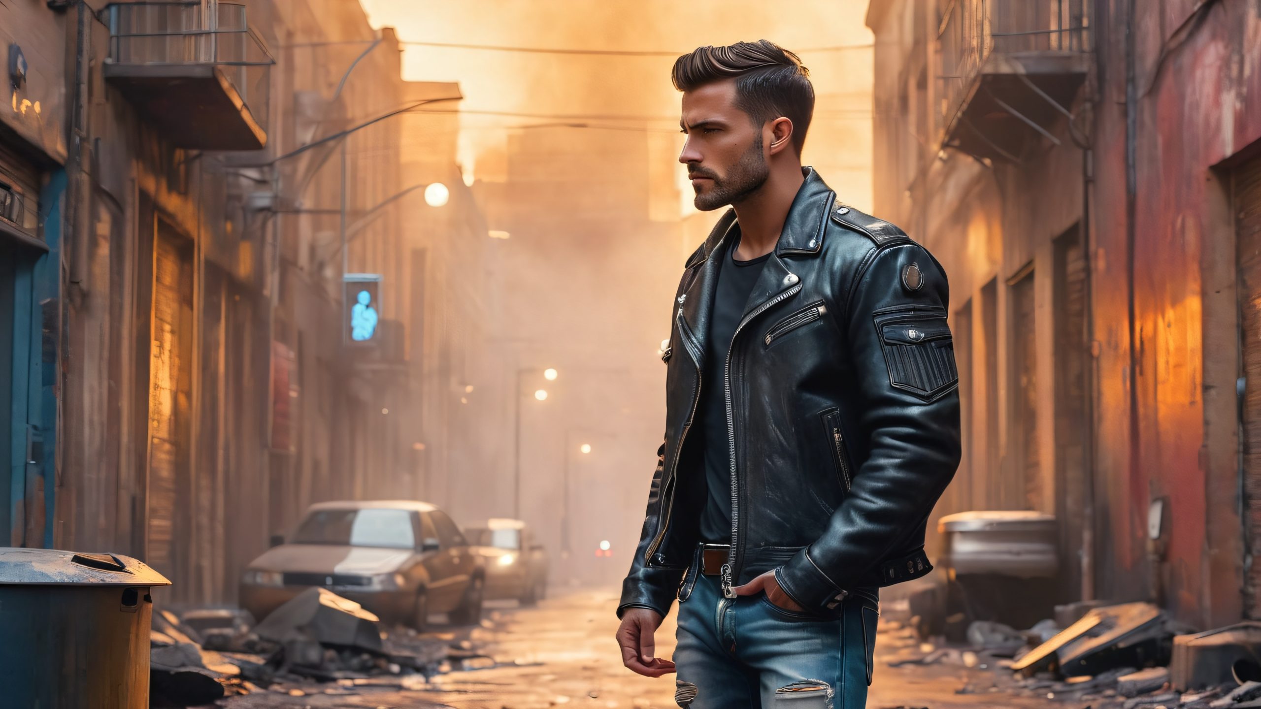 A weathered individual stands at the edge of a smoky alleyway, with the sounds of distant city noise and the smell of exhaust fumes filling the air. Desktop/PC