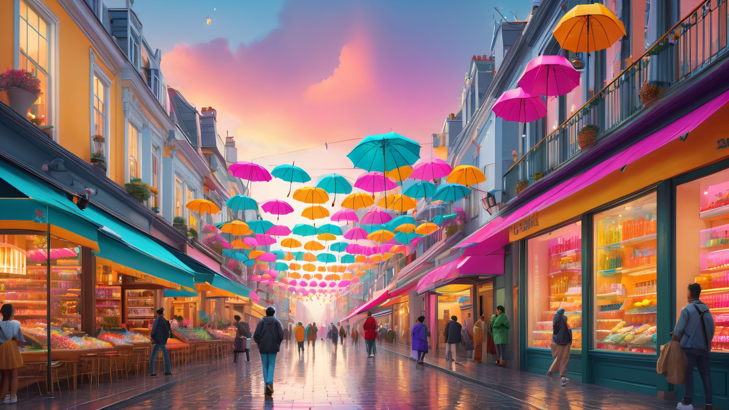 Vibrant cityscape with colorful umbrellas and neon-lit shopfronts on a drizzly gray sky slowly clearing to reveal sunshine, suitable for desktop/PC