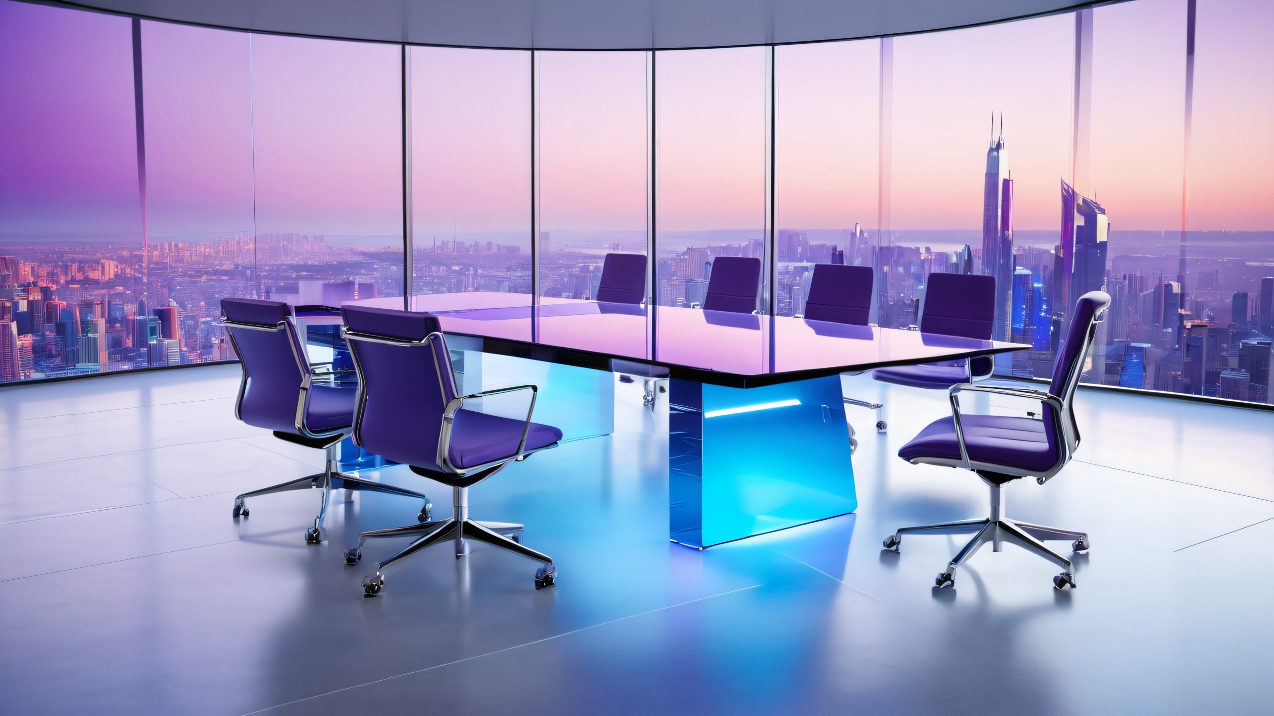 A futuristic corporate office space with a modern conference room featuring a glass table and chairs, surrounded by a cityscape view on the floor-to-ceiling glass wall. Suitable for desktop/pc screens.