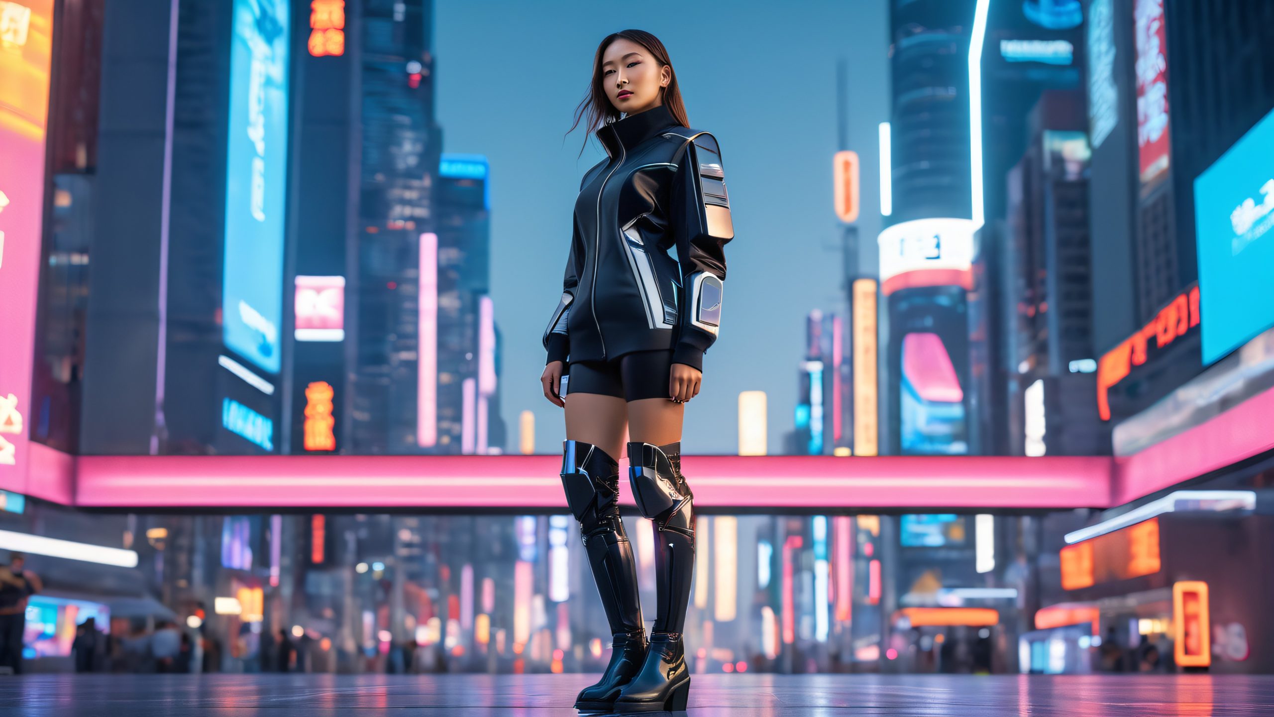 Epic Urban Tech Pioneer 4K Desktop Wallpaper Futuristic individual standing confidently in a well-lit modern cityscape on Desktop/PC