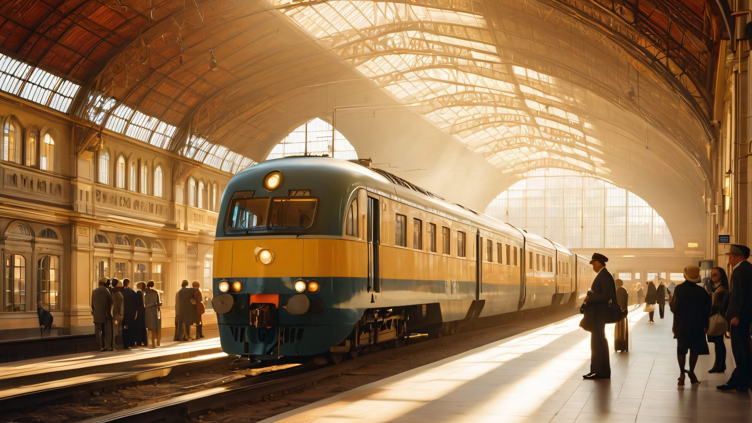 A group of people waiting for their trains in a grand train station, with soft lighting and rustic architecture