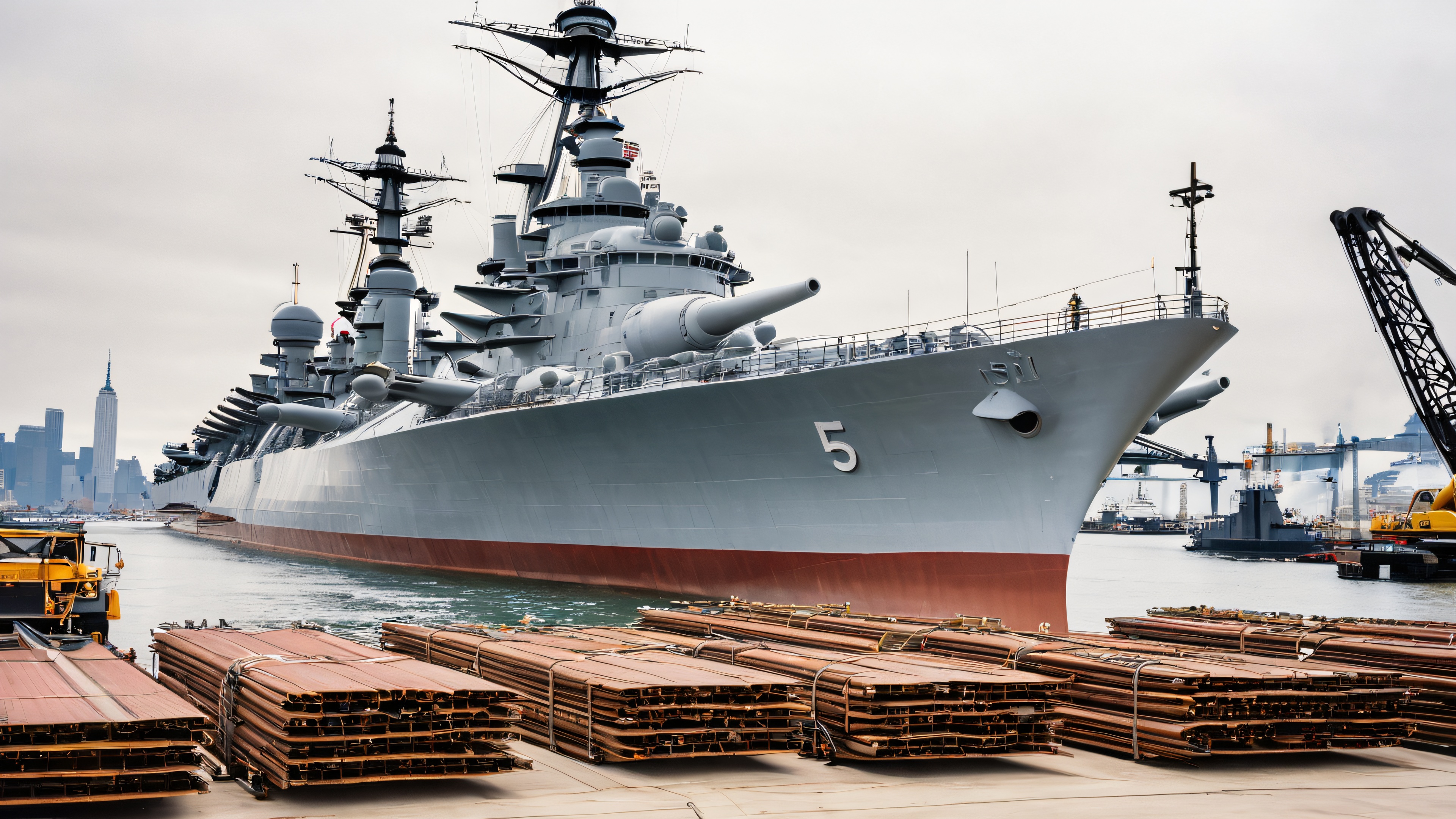 A majestic USS Iowa battleship 4K desktop wallpaper with a focus on the main gun installation in the New York Navy Yard's dry dock.