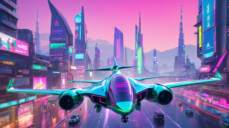 v shaped aircraft soars over dystopian cityscape scaled