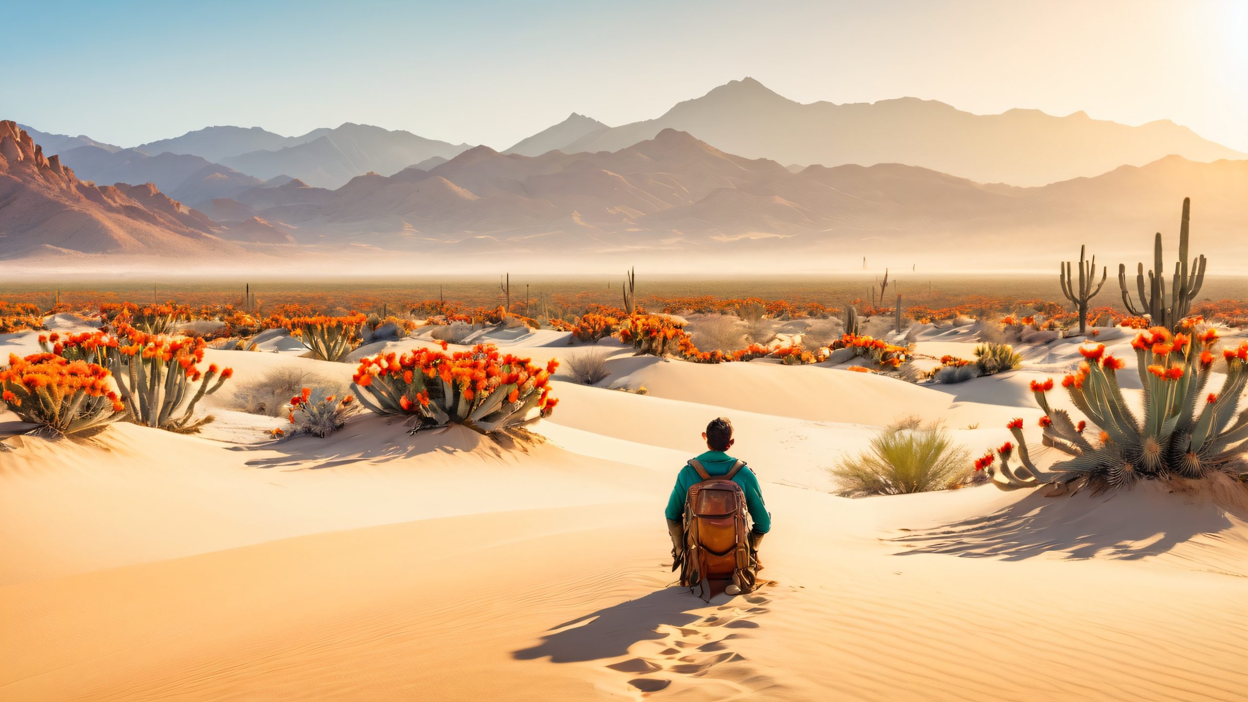 A lone traveler standing at the edge of a vast desert landscape on a desktop or PC, with a backpack and gazing out at the endless dunes stretching towards the horizon.