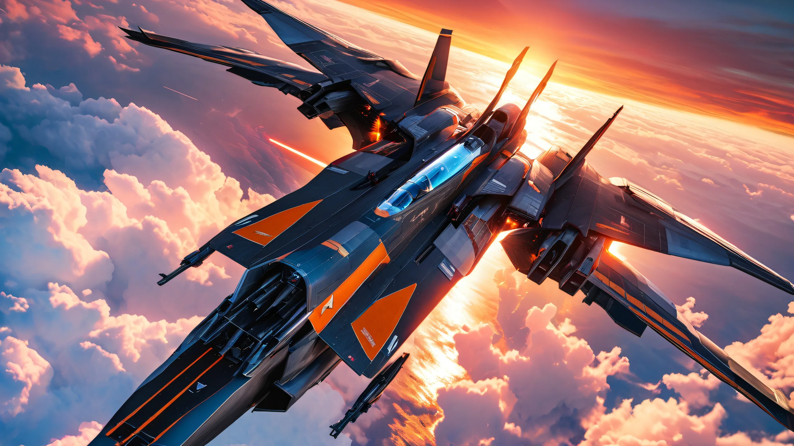 Valkyrie Sunset Odyssey 4K Desktop Wallpaper A majestic VF-1 Valkyrie fighter jet standing proudly amidst swirling clouds and stars on a warm sunset-hued sky, suitable for desktop/PC use.