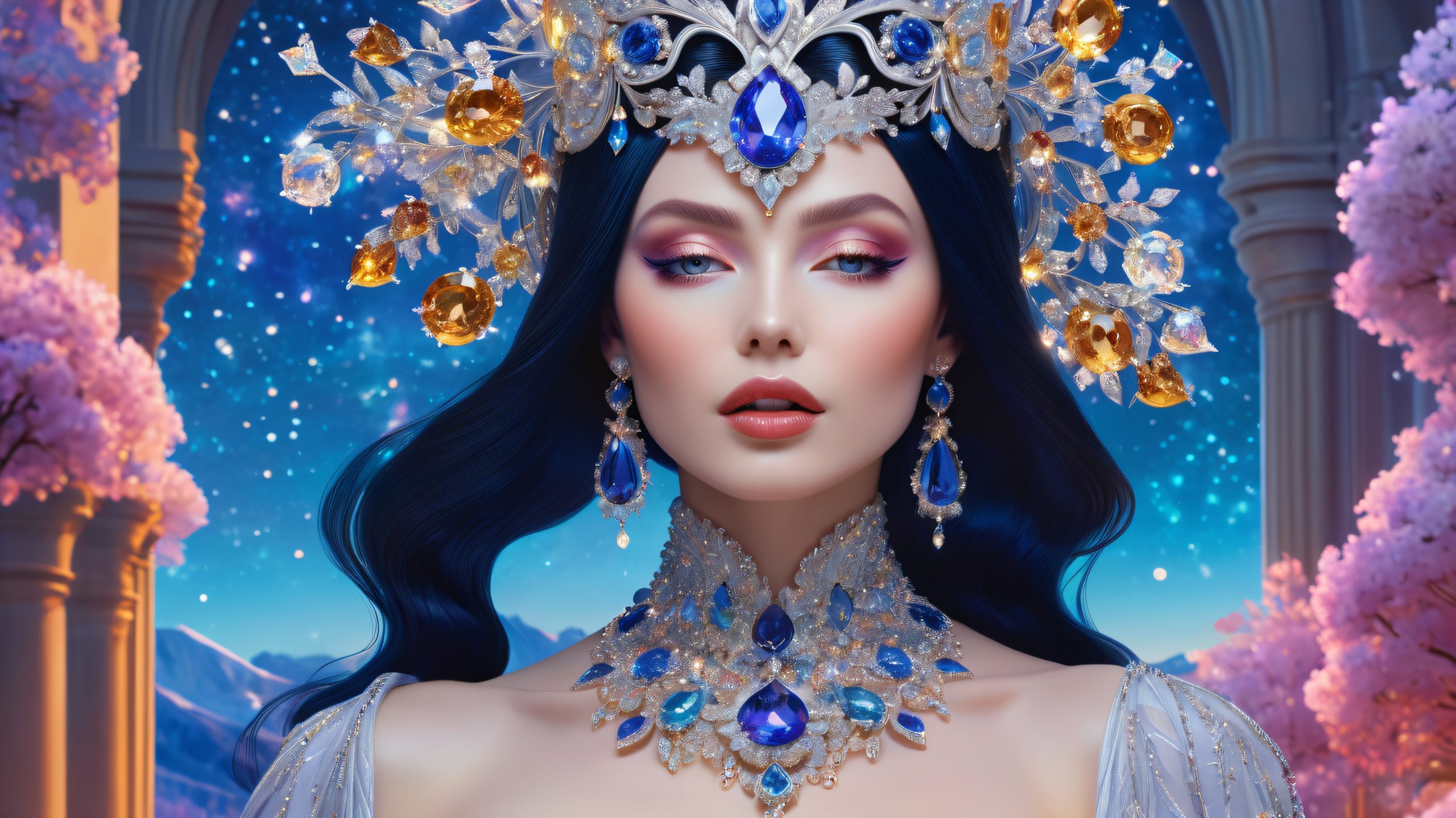 4K Vampire Queen's Celestial Realm Desktop Background Lady Dimitrescu emerges from a swirling vortex of gemstones on a mystical desktop/pc background.