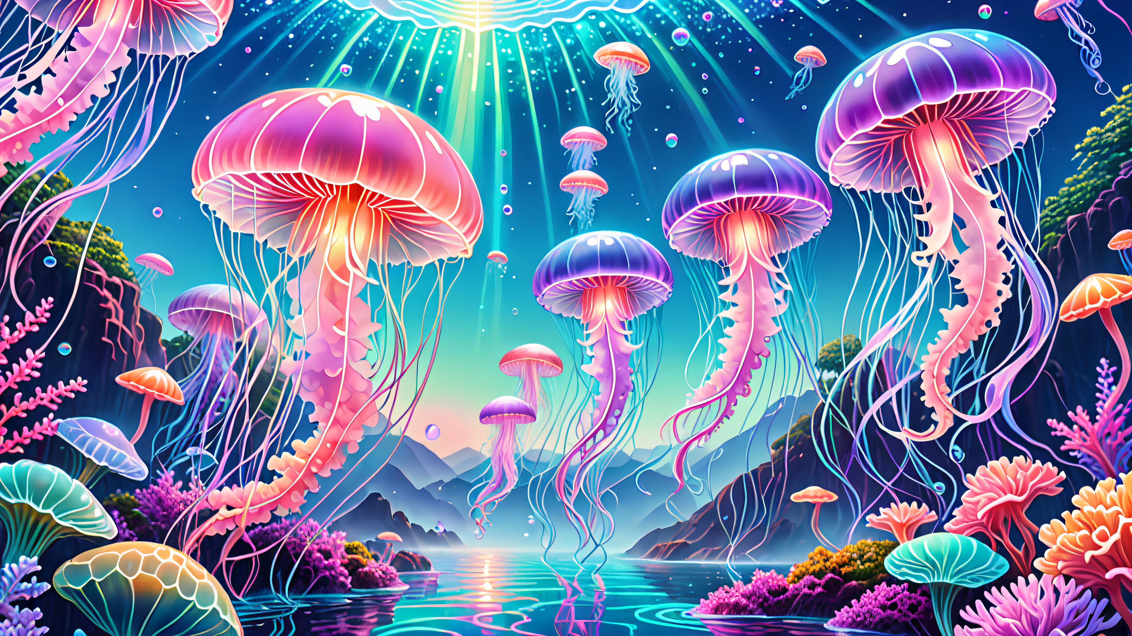 Breathtaking vaporwave-inspired desktop wallpaper featuring jellyfish-like creatures and iridescent scales, surrounded by pastel hues and misty blue.
