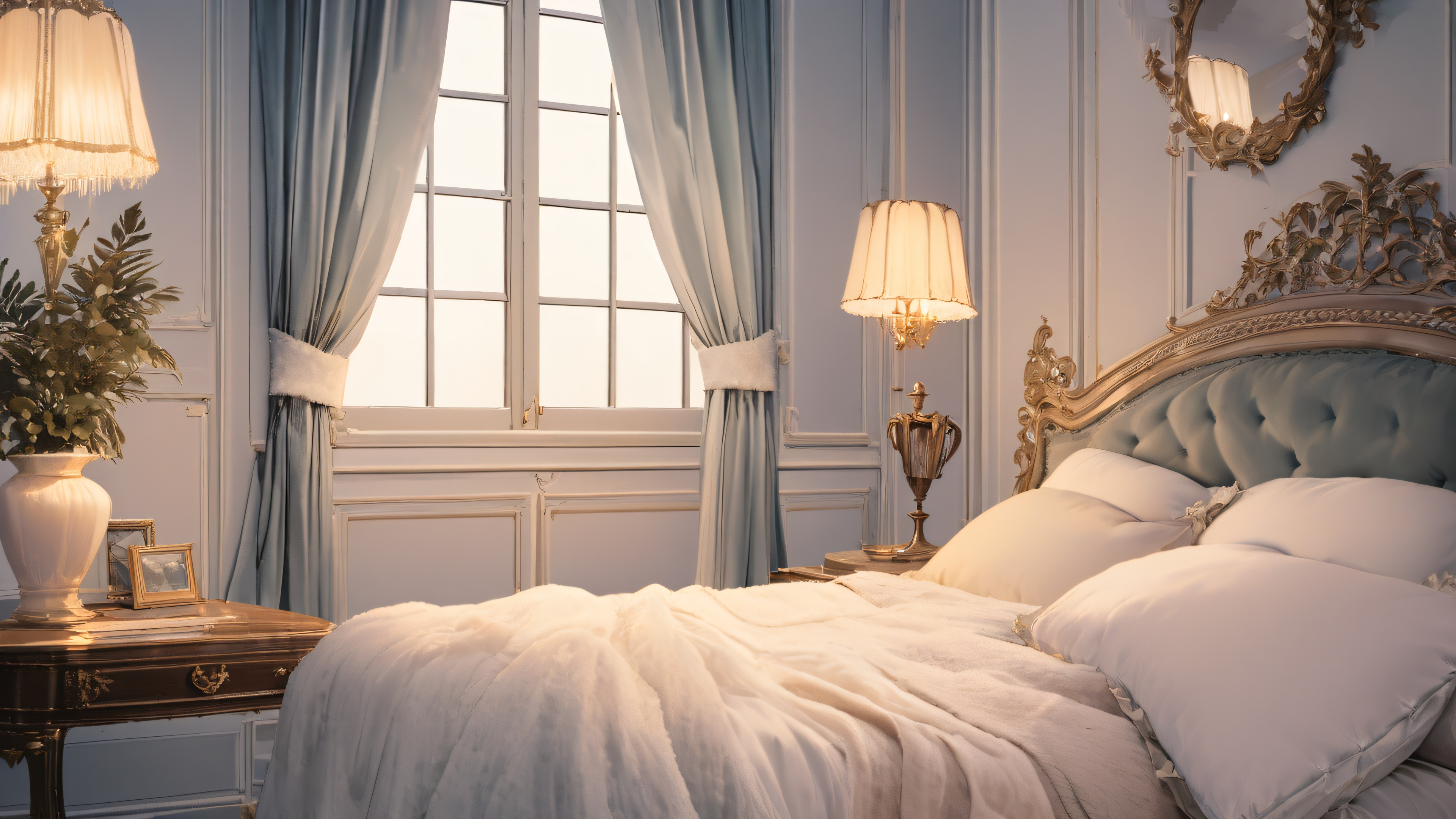 A peaceful bedroom scene with a velvet-covered bed and vintage lamp at midnight.